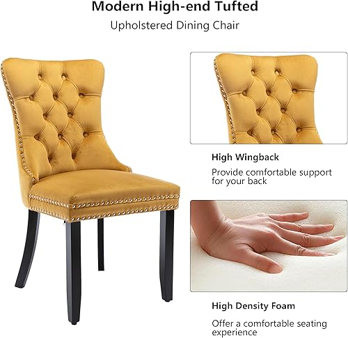 Miniatura 3 de Juego de 4 sillas de comedor de terciopelo, sillas de comedor tapizadas con ribete de cabeza de clavo, patas de madera, anillo de tracción, sillas