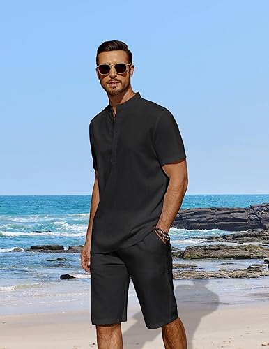 Miniatura 2 de COOFANDY Conjunto de 2 piezas de lino para hombre, camisas Henley casuales de manga corta, pantalones cortos de yoga para la playa, pantalones