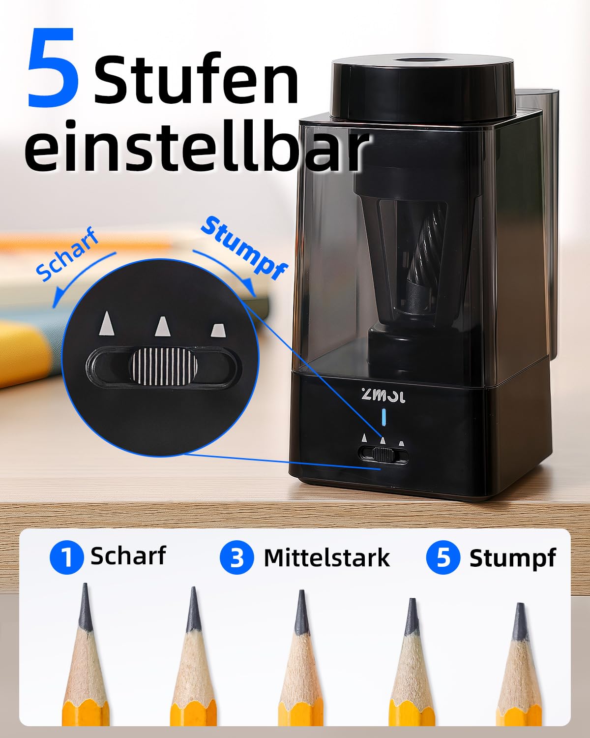 ZMOL Vollautomatischer Elektrischer Anspitzer für dicke und dünne Stifte, Handsfree & Auto-Stopp, USB-C Wiederaufladbar, Spitzer Elektrisch mit Behälter, für Kinder, 6–12mm, Schule/Büro/Haus