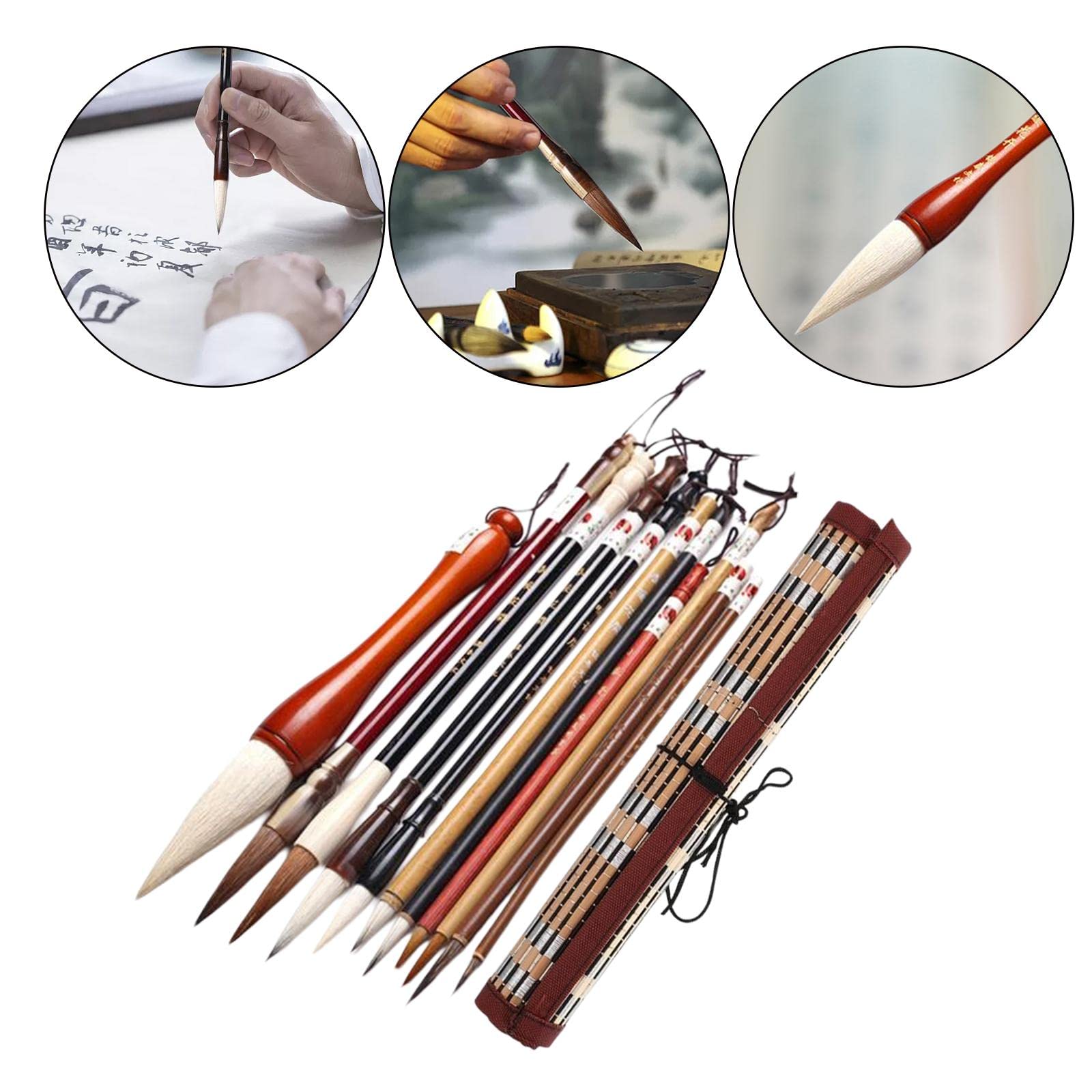 Set Pennelli Calligrafia Cinesi Pennelli Sumi Inchiostro Set Scrittura Pittura Disegno Forniture Artistiche Manico Legno Materiale Durevole Adatti per, 11 Pezzi
