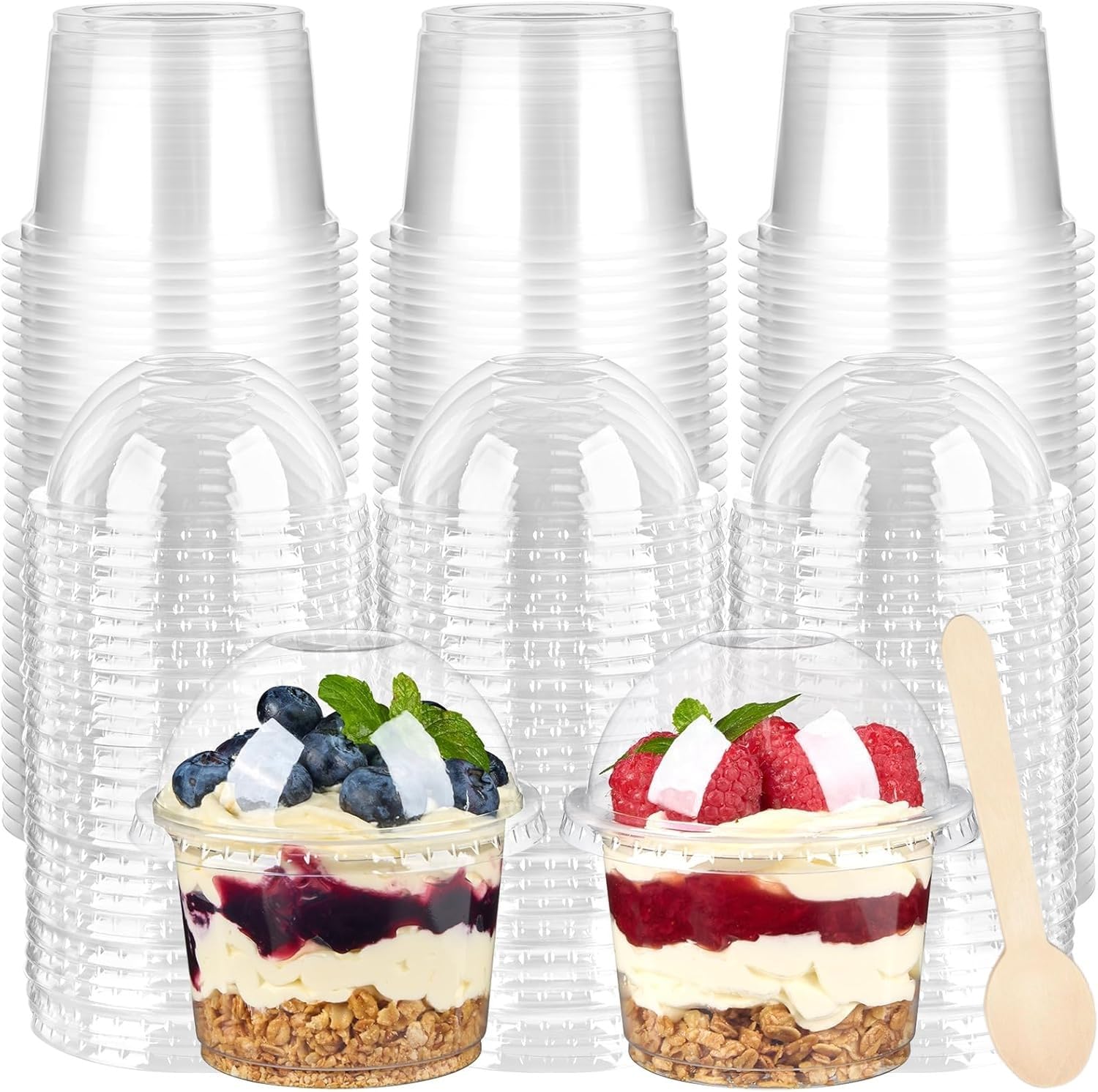 LATERN 50Pcs Plastic Dessert Cups with Dome Lids, 270ml Round Dessert Cups Clear Parfait Appetizer Cup Reusable Serving Bowl with Wood Spoons for Dessert Pudding Mousse Party (9.5cm x 6cm)