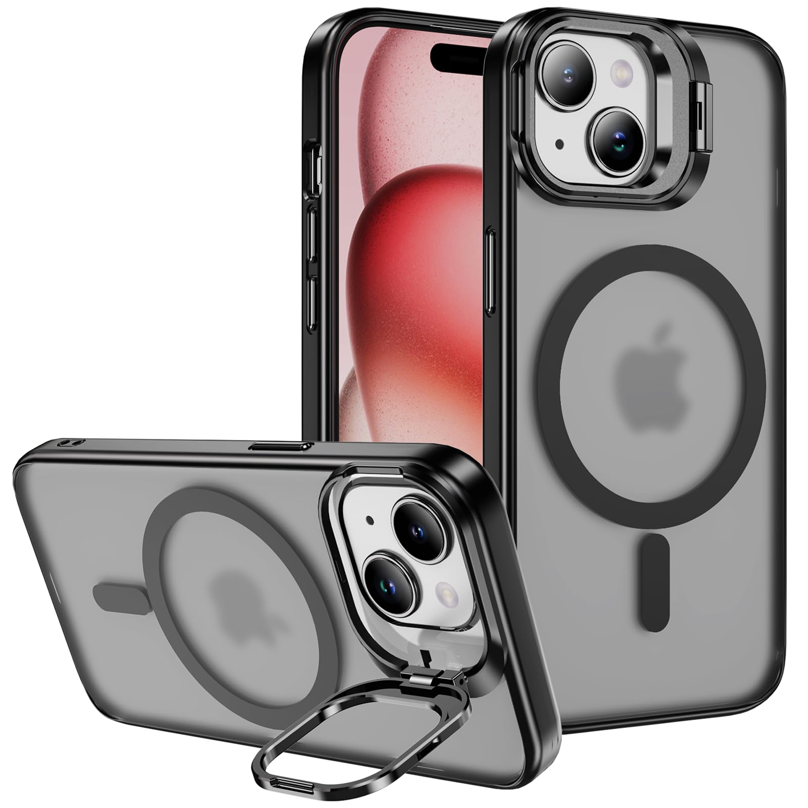 iPhone 15 Plus ケース Magsafe対応 いPhone 15 Plus ケース スマホカバー ワイヤレス充電対応 マグネット搭載 米軍MIL規格の保護 隠れスタンド 耐衝撃 半透明 指紋防止 黄変防止 iPhone ケース アイフォン15 Plus カバー 6.7 インチ ケース PinLiSheng (ブラック, iPhone 15 Plus 6.7)