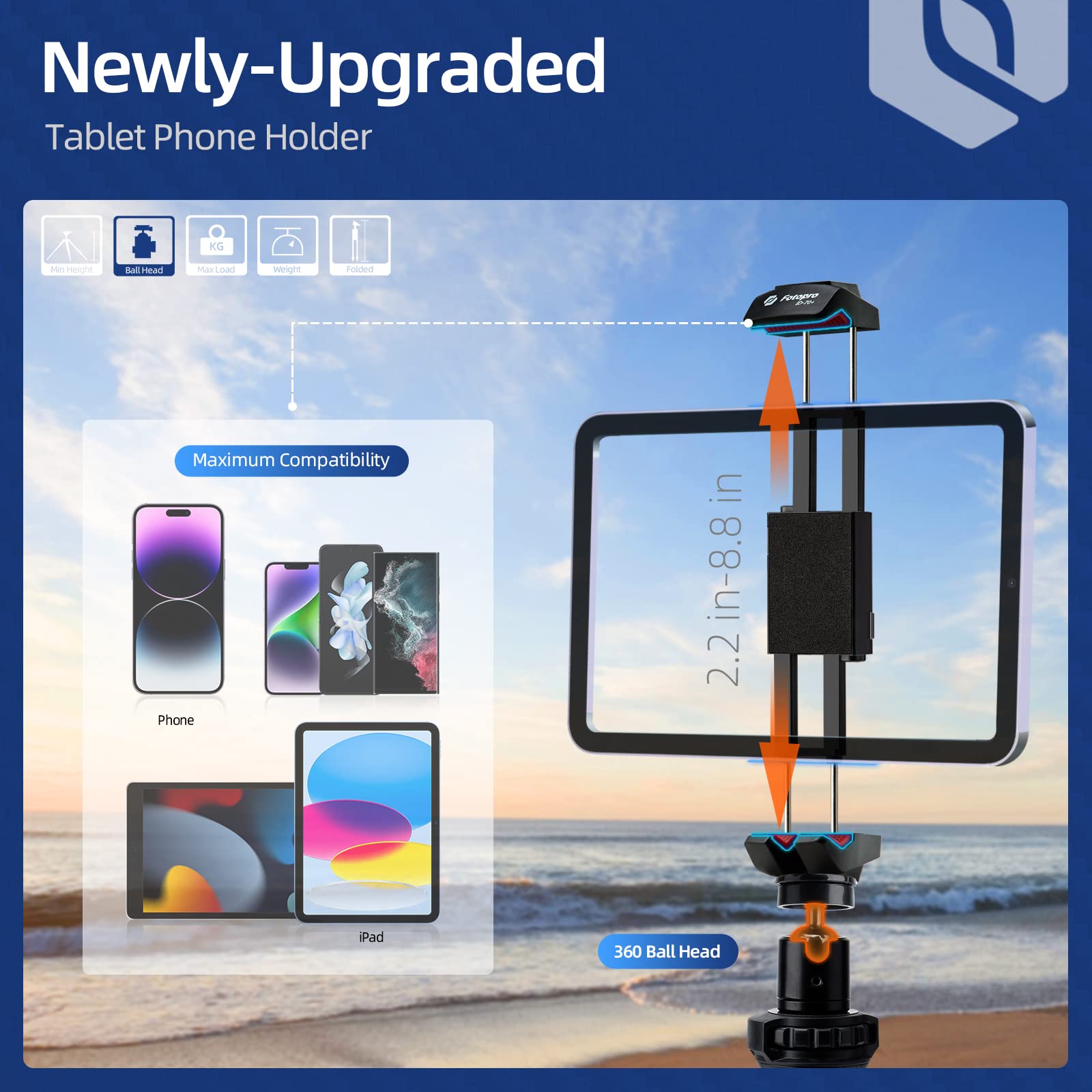 Fotopro Soporte de trípode para iPad con cabezal de bola de 360 grados para cámara, teléfono, tableta y más, zapata fría, soporte flexible para teléfono y tableta para vlogging, transmisión en vivo y