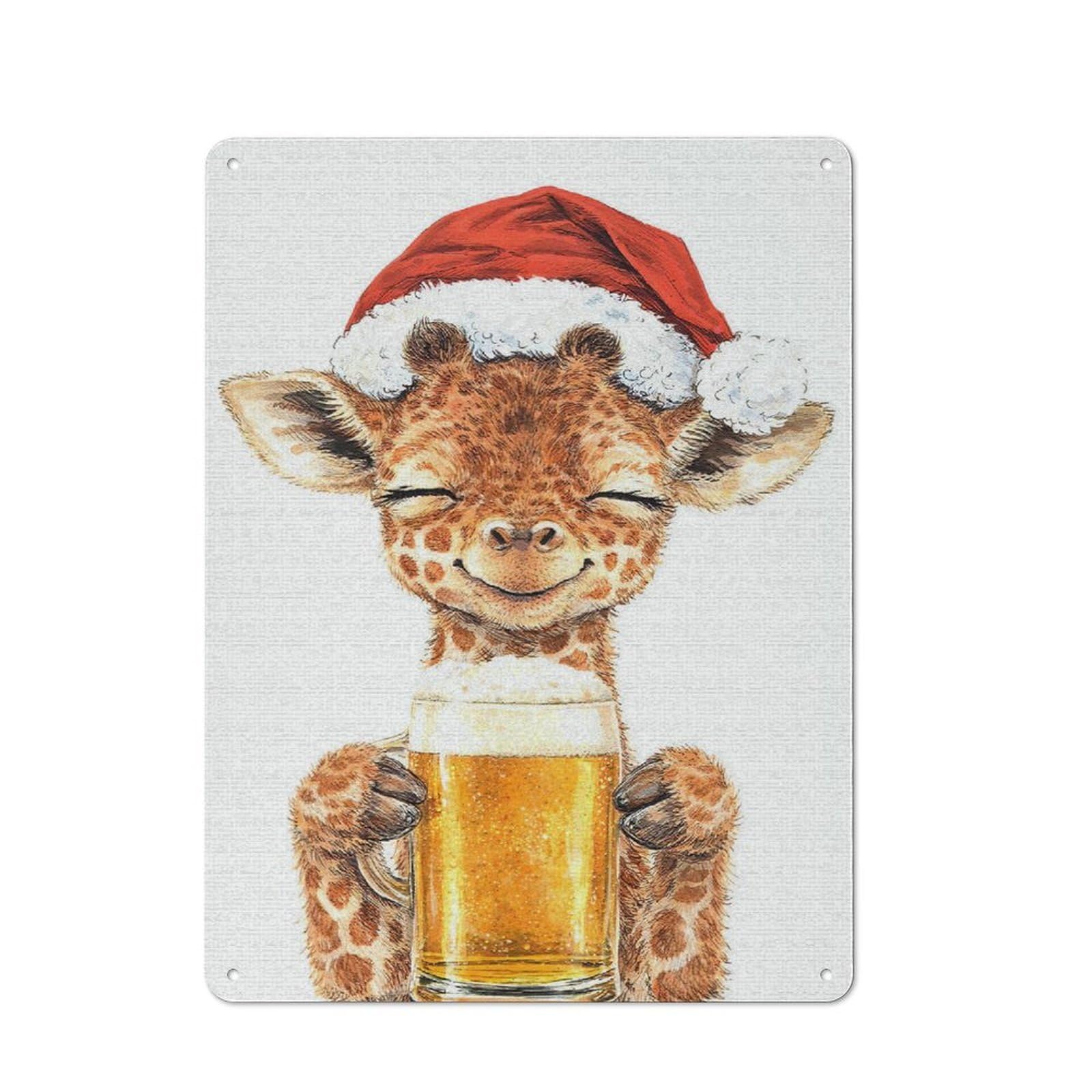 Cute Giraffe in Santa Hat with Beer Cottage Style Metal Wall Decor 40x30cm, Tin Wall Plaque for Kitchen, Cottage, Porch Or Garden Room