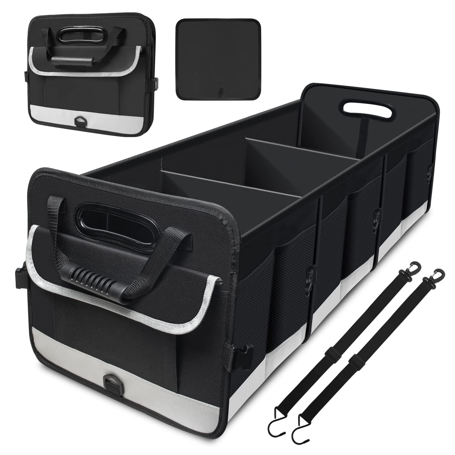 Car Trunk Organizer, Heavy Duty Collapsible 95 L Capacity Storage, Multi-Compartment Pockets, Securing Straps, Adjustable Straps - Ideal for Travel, Camping, Shopping, Perfect for SUV, Truck, Sedan