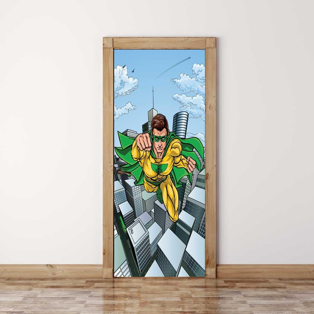 RoyalWallSkins Door Mural Wall Sticker Flying Superhero - Bubble Free Version, Semi-Glossy, Self Adhesive Peel & Stick Door Wrap (36 x 80)