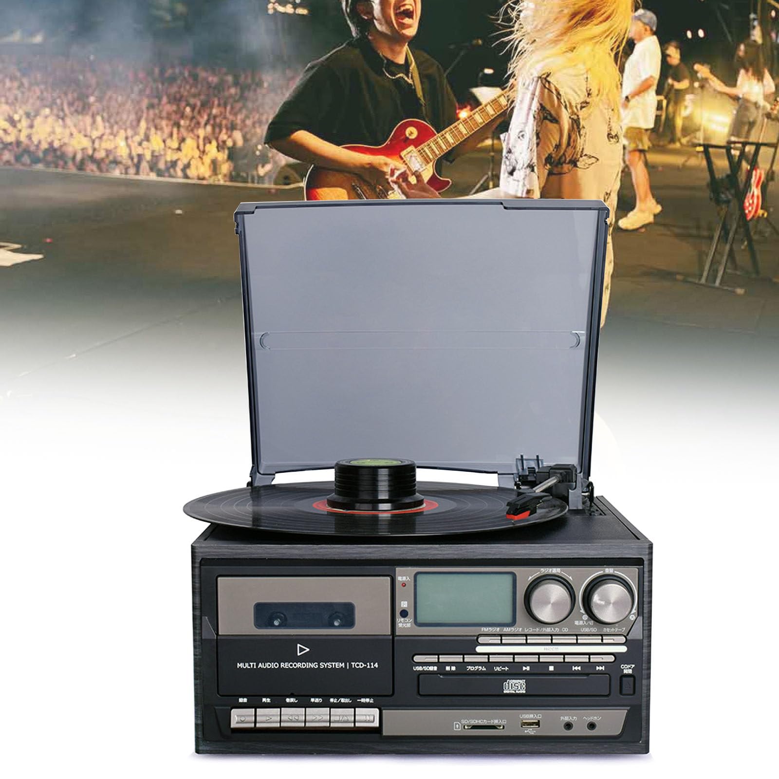 Tourne-Disque Vinyle - Haut-Parleurs StéRéO, Platine Vinyle 3 Vitesses, Radio Am/FM, Lecteurs CD/Cassettes, USB, Lecteur De Carte SD - Phonographe Portable, Appareil De Lecture RéTro,Black