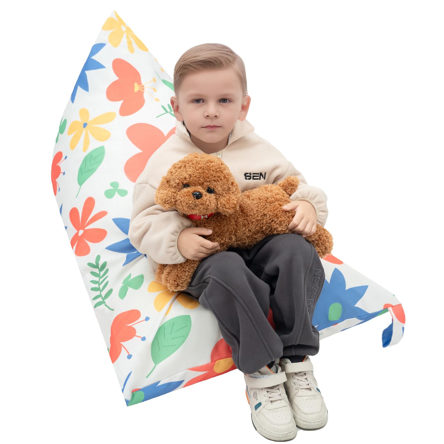 Rangement peluches et couvertures grâce à la grande housse de pouf