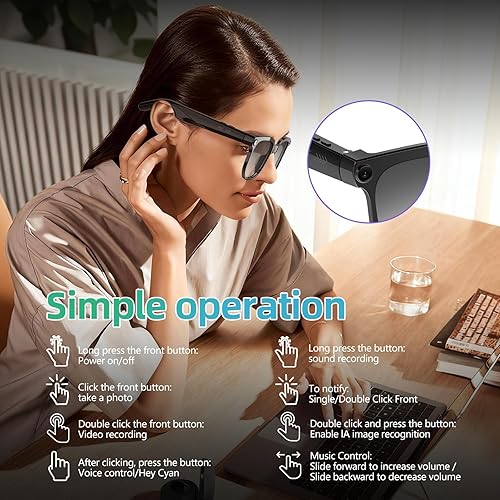 Miniatura 4 de Lentes inteligentes AI con cámara, 8MP HD Bluetooth gafas con reducción de ruido ENC, lentes reemplazables, control de voz, reproducción de música,
