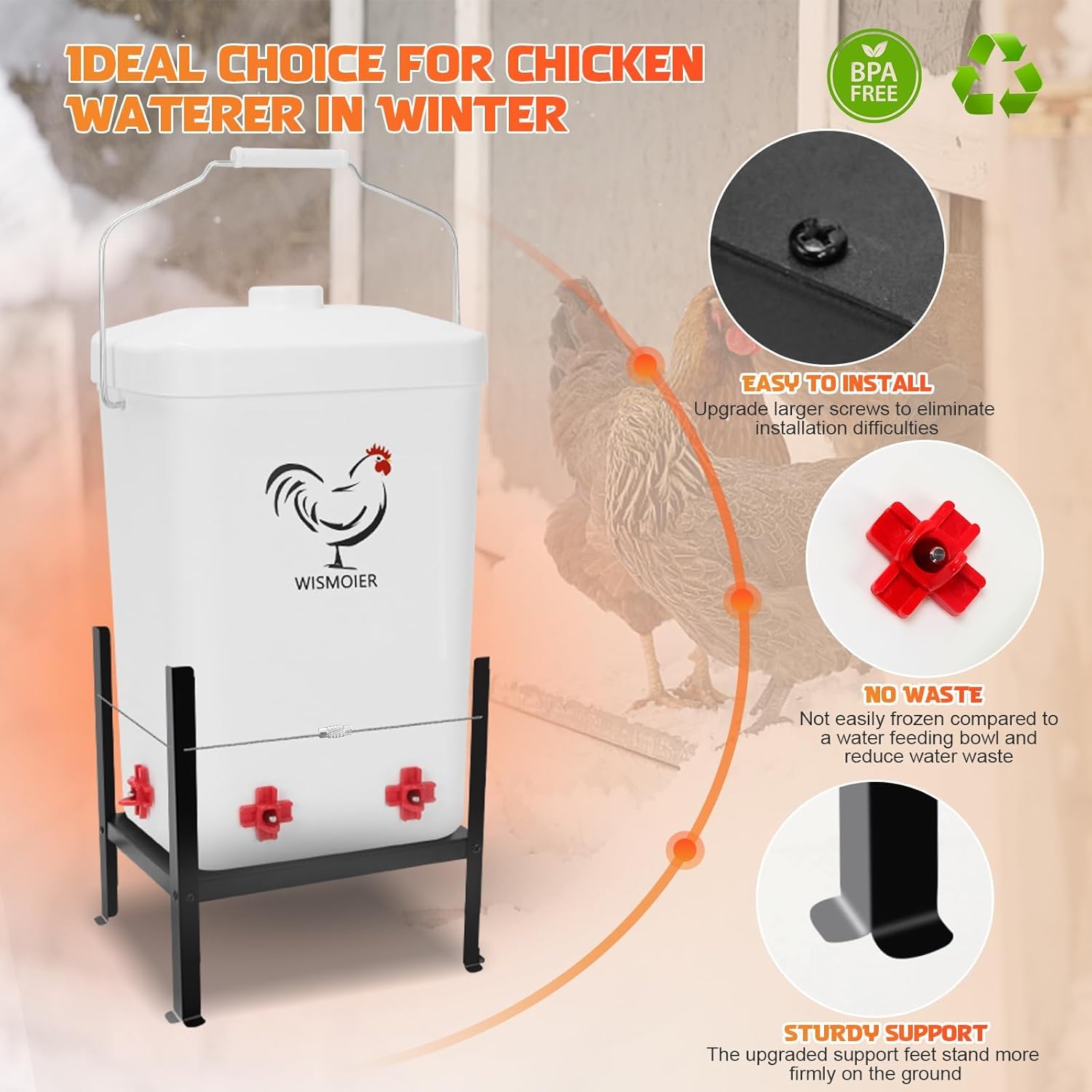 3 Gallon Heated Chicken Waterer for Winter Automatic Chicken Water Heater,Adsjustable Height Anti-Freezing Poultry Watering System (White, 9 in x 7.1inch x 13.7in)