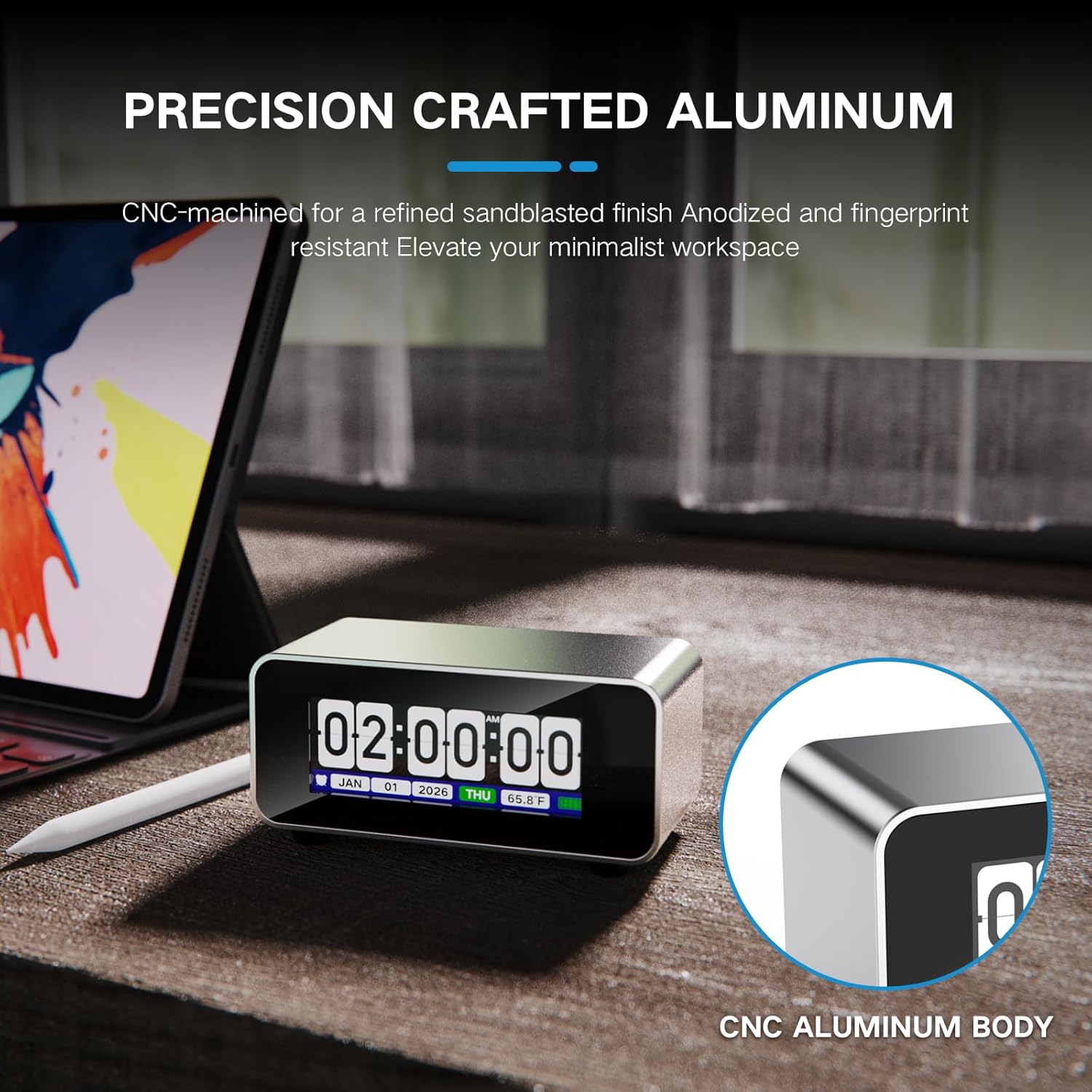 OVO Flip E Clock – Retro Digital Flip Desk Clock with 2.79" HD TFT Display, Precision CNC Aluminum Frame, Auto-Dimming, Temperature Monitor, and Smart Alarm for Home & Office Decor
