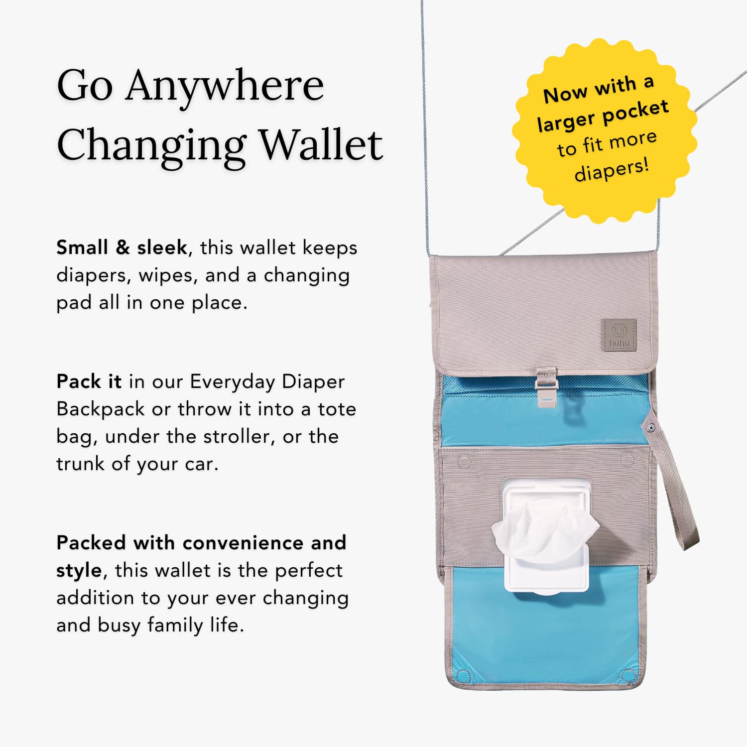 Huhu Baby Changing Wallet – Compact, Portable Diaper Changing Pad for Travel – Easy to Clean, Foldable Changing Mat – Must Have Diaper Bag Accessory for New Parents (Daybreak Taupe)