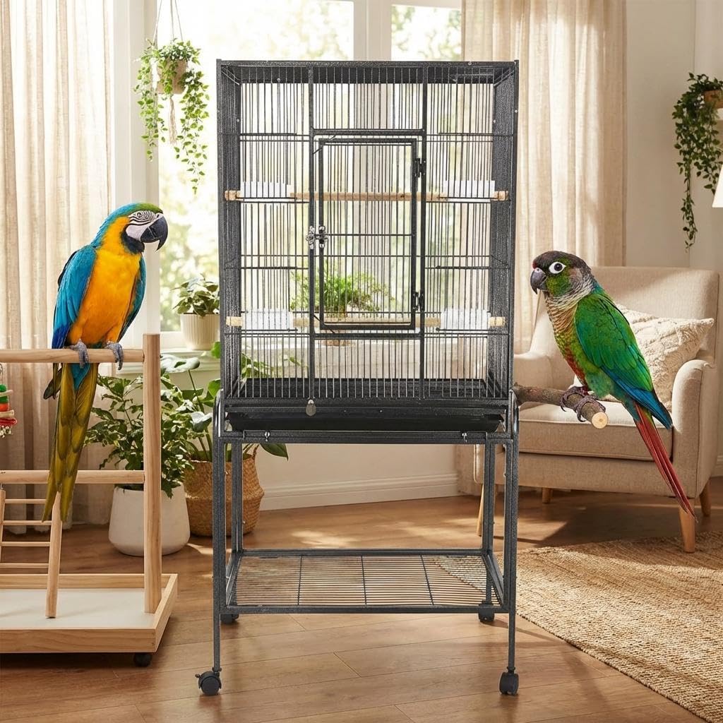53-Inch Bird Flight Cage with Wheels, Wrought Iron Flight Cage with Stand, Large Parrot Cage for Parakeets, Cockatiels, Conures, Budgies, Macaws, Pigeons - Spacious Birdcage