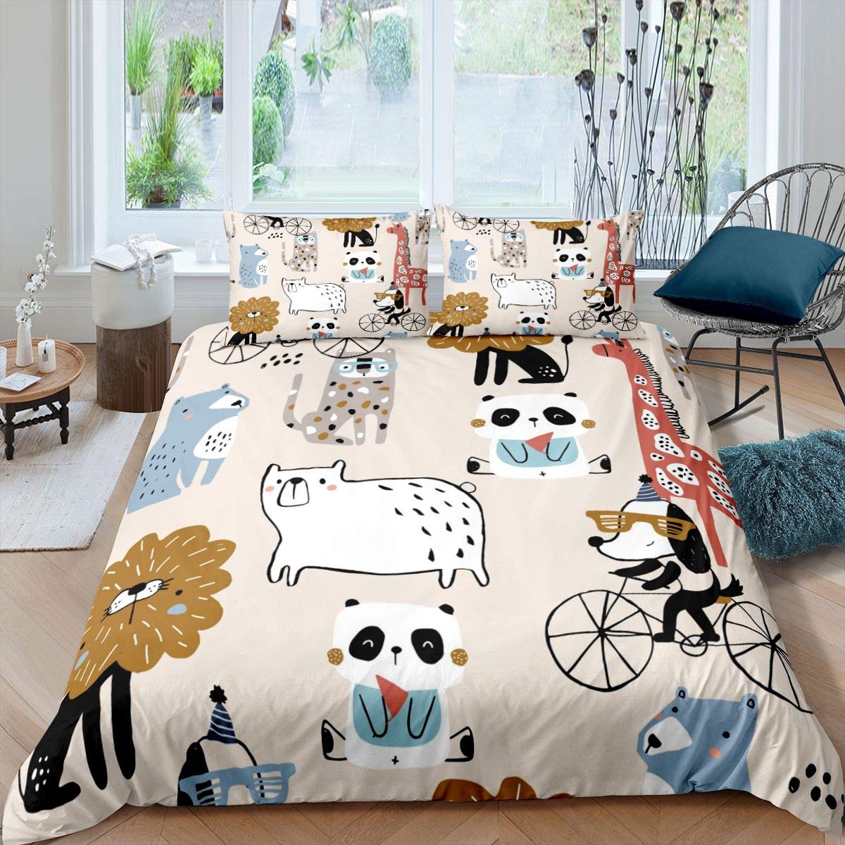 Juego de Cama de Jirafa para niños,Oso Panda y león con Animales zoológicos,Funda de edredón Kawaii,Lindos,para 3 Piezas,King