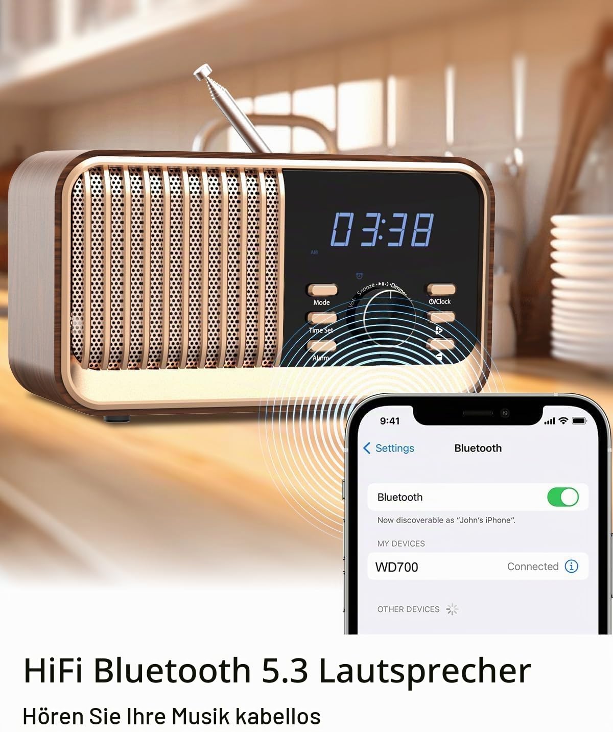 MONODEAL Radiowecker mit Ladefunktion, FM Radio mit Bluetooth Lautsprecher(8W), Schlummerfunktion, USB-Anschluss, TF-Kartensteckplatz, Dimmfunktion für das Schlafzimmer