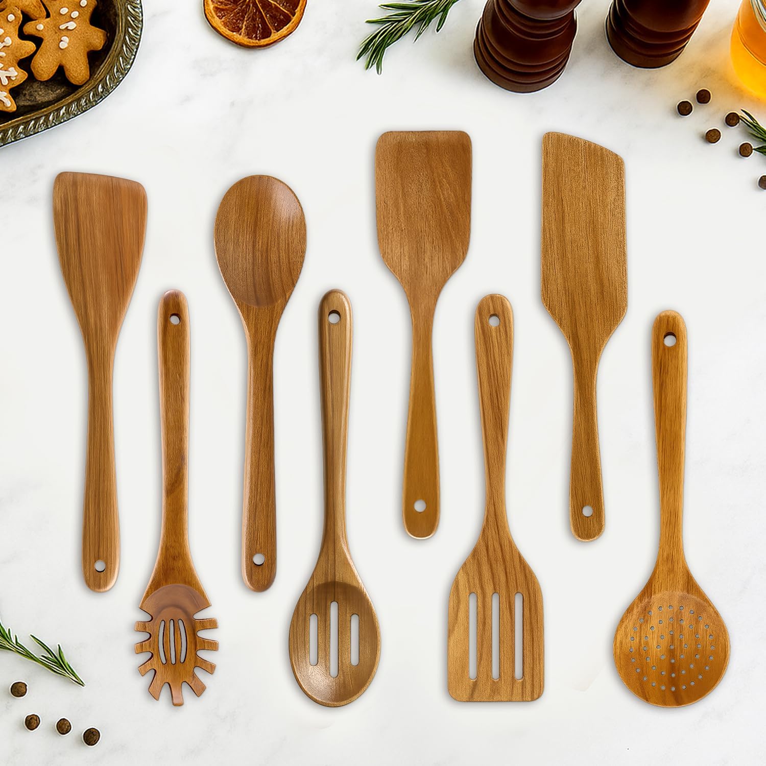 9 Pack Best Wooden Spoons Non Toxic Cooking Utensil Set with Utensils Holder Kitchen Slotted Turner Spatula Set Acacia Wood Utensils for Cooking Spoon Scraper Spurtle Bamboo Flat Egg Flipper Spatulas