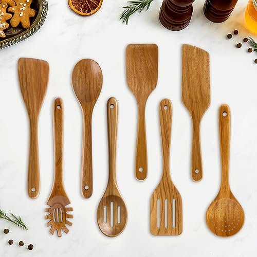 Miniatura 4 de Mejor juego de espátulas de madera, espátula ranurada de cocina, utensilios de madera de teca para servir cocinar, juego de utensilios de cocina