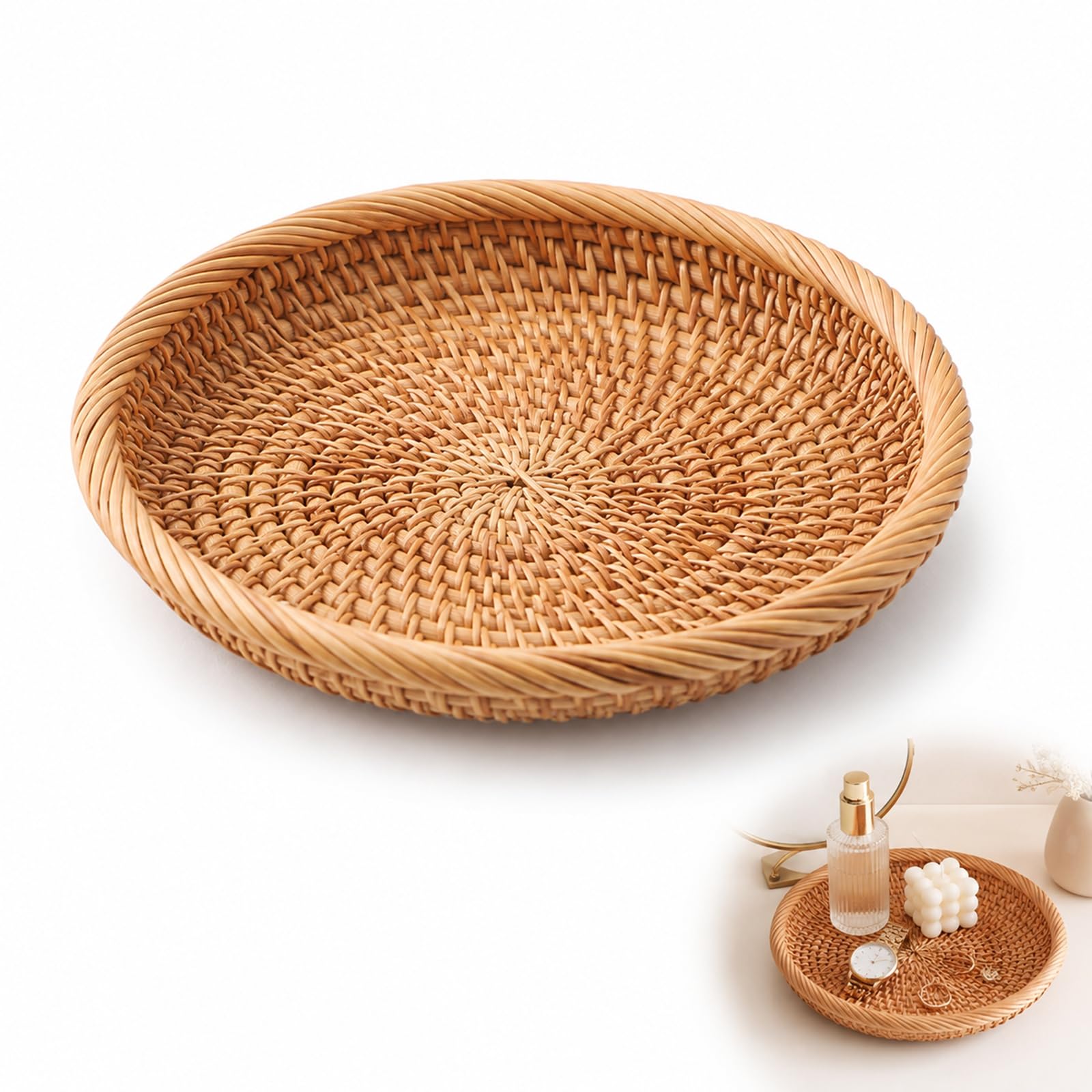 Small Round Rattan Storage Tray 18 cm - Hand Woven Wicker Tray for Coffee Table Vanity Bedside, Natural Boho Organiser for Keys Wallet Phone Cosmetics Snacks, Lightweight, 18 x 3 cm (Gold Rim Small)