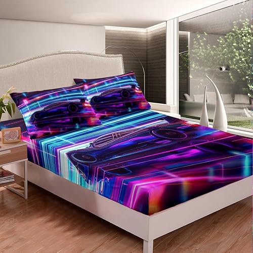 Miniatura 2 de Manfei Sábana bajera ajustable de coche de carreras, tamaño Queen, funda de cama negra para coche deportivo con 2 fundas de almohada, juego de ropa