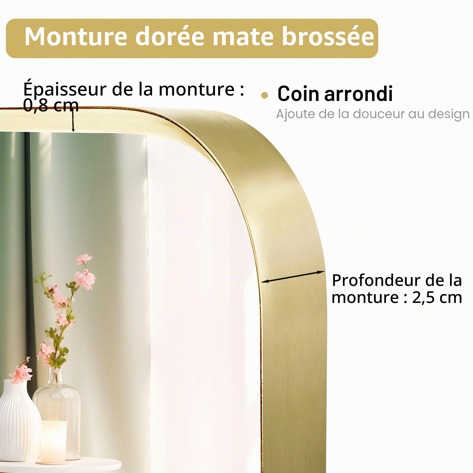 Miroir rectangulaire mural avec cadre en métal doré mat brossé avec coins arrondis, 30,5 x 40,6 cm, miroir de salle de bain pour salon ou chambre à coucher, vertical ou horizontal