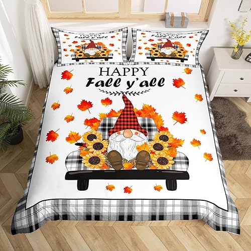Manfei Juego de funda de edredón de gnomo de otoño, tamaño King, funda de edredón de calabaza a cuadros de leopardo con 2 fundas de almohada, juego