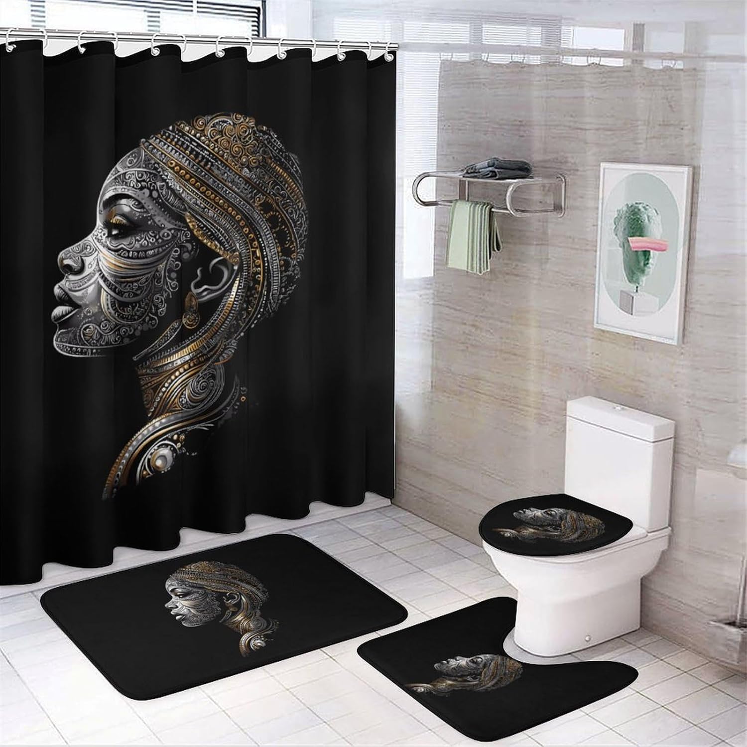 African Tribal Womans Head Modern Bathroom Sets with Shower Curtain and Rugs Decor 4 Pcs with 12 Hooks