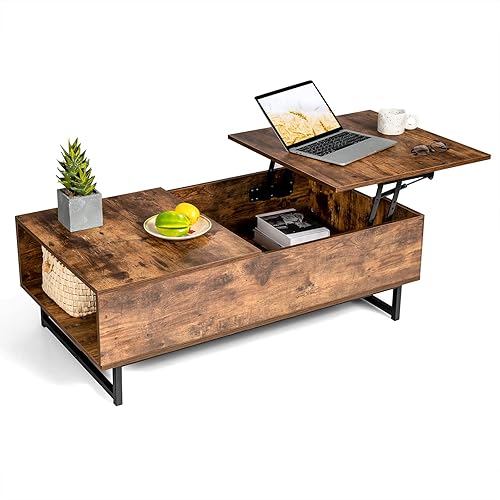 COSTWAY Mesa auxiliar con compartimento de almacenamiento oculto, mesa central rectangular de madera con marco de metal y estante lateral abierto,