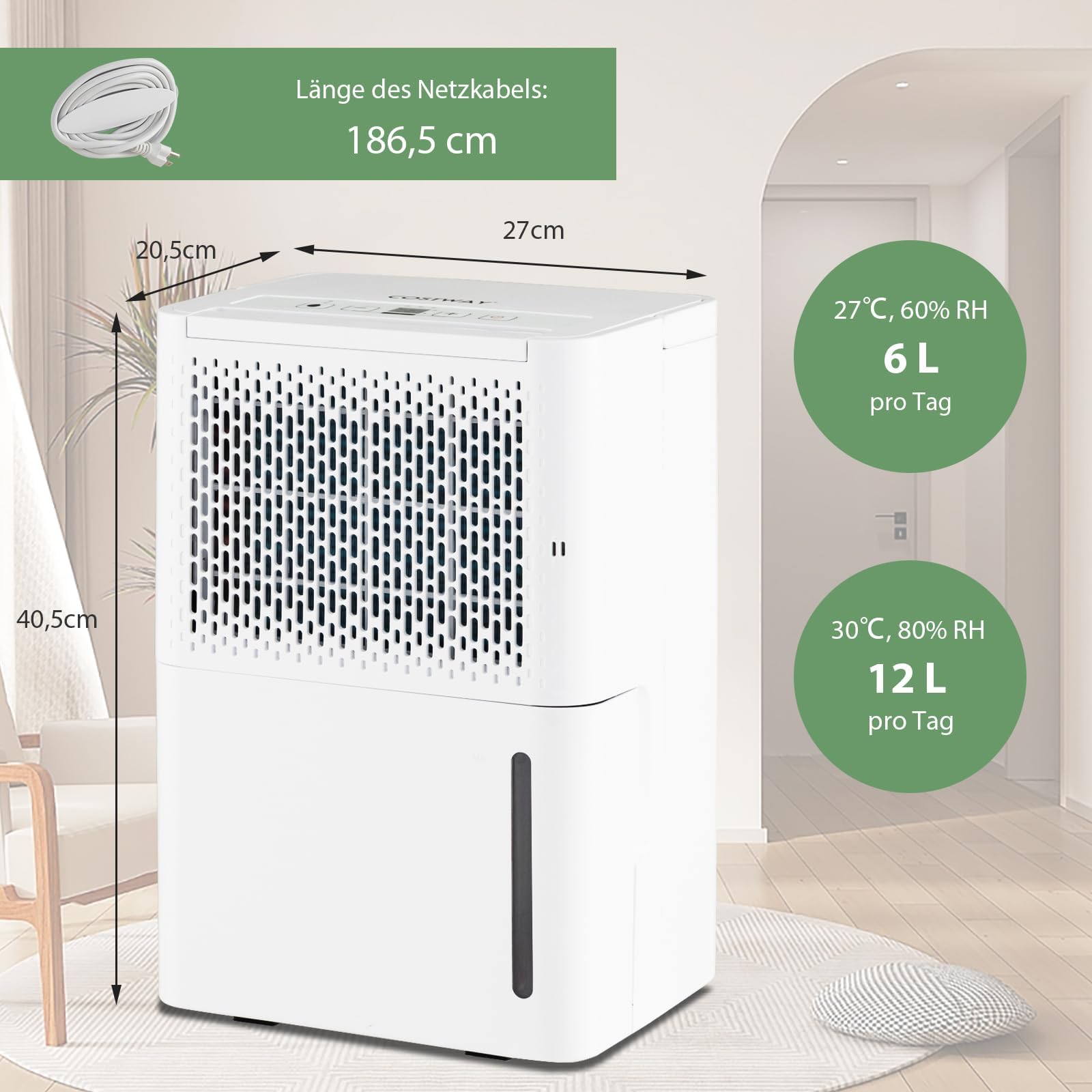 FANTASK 12 l/dzień osuszacz powietrza, wielkość pomieszczenia ok. 15 m², osuszacz elektryczny z 3 trybami, zbiornik na wodę 2,2 l, timer 24 h, ≤ 42 dB, automatyczne rozmrażanie i wyłączanie