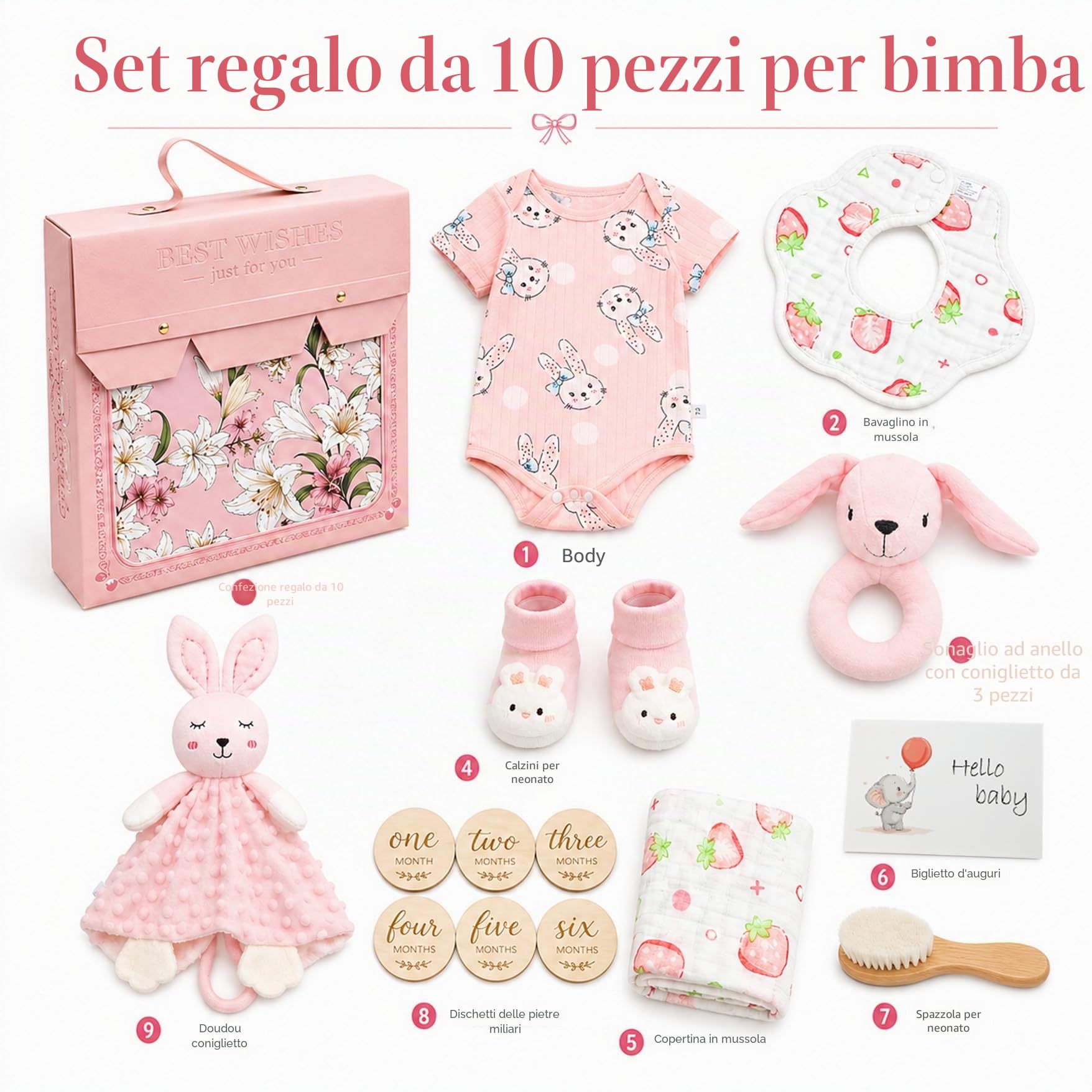 Regalo per neonati – Set regalo per bebé da 15 pezzi Include copertina, body, bavetta, massaggiagengive, spazzola in legno, carte traguardo, calzini e scatola dei ricordi. (Rosa)