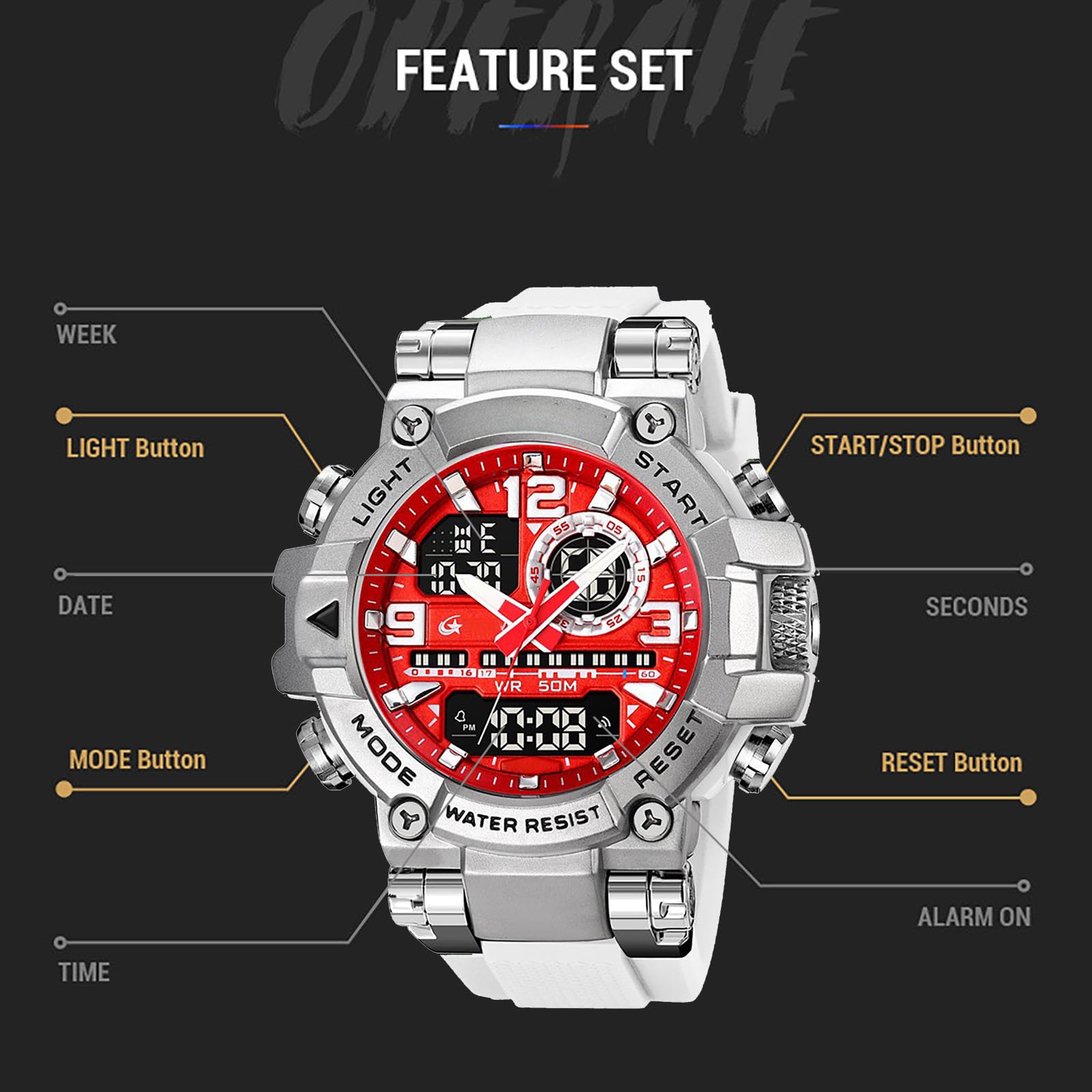 findtime Orologio da polso da uomo, grande, sportivo, digitale, impermeabile, robusto, per attività all'aperto, per uomini, ragazzi, sport, allarme LED, doppio tempo