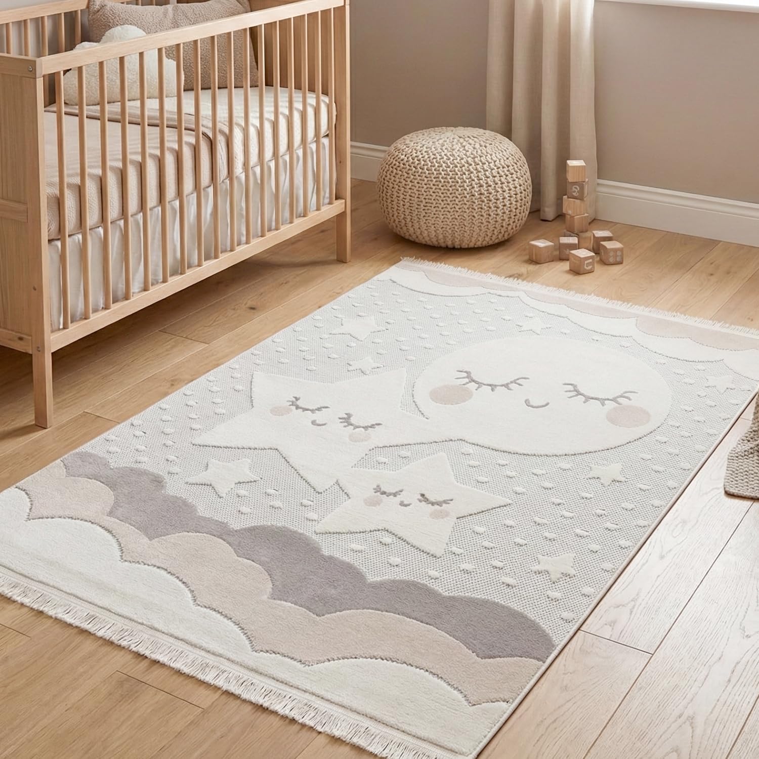 Alfombra Infantil Habitación Niña Niño Dormitorio Nubes Estrellas Arcoiris Animales 120x170cm Gris Claro Beige Crema