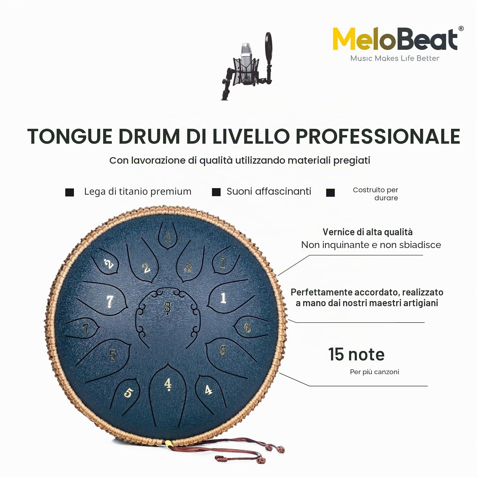 MeloBeat Steel Tongue Drum Handpan - Tamburo in Acciaio 12 Pollici 15 Note - Set Professionale di Tamburi a Lingua in D Maggiore Incluso Libro delle Canzoni per Tamburo con Custodia (Blu Scuro)