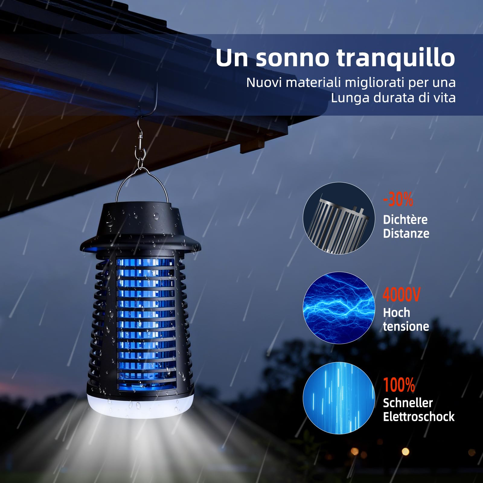 Lampada Antizanzare, Tecnologia a Scarica Elettrica 4250V AntiZanzare con Tenuta IPX4, Protezione con Luce UV 20W e Illuminazione a LED, Azione Repellente Zanzare per Interni/Esterni