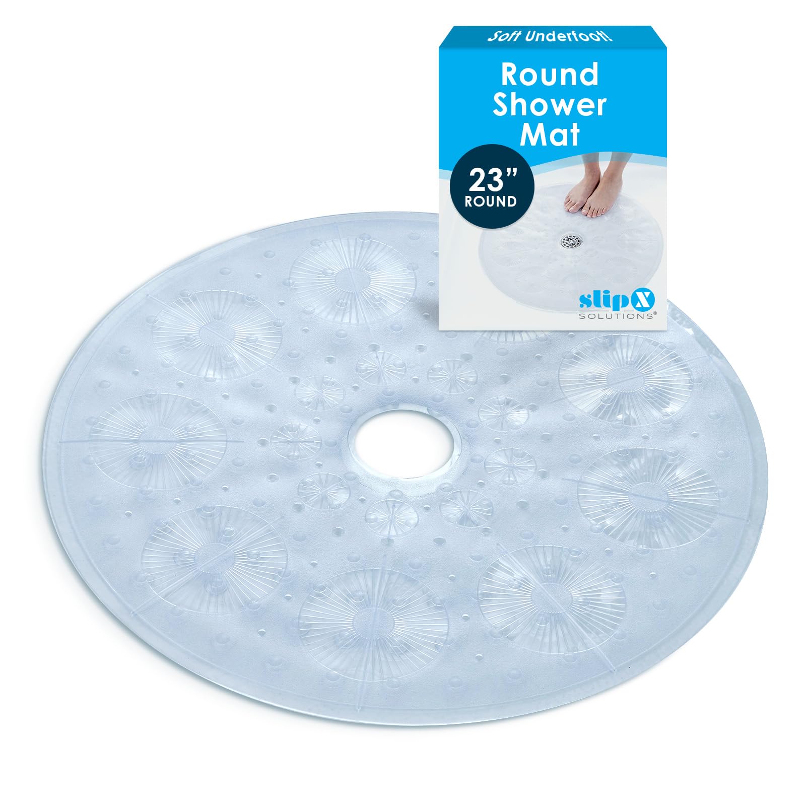 SlipX Solutions Power Grip Round Vinyl Standard Shower Stall Mat, 23” Round, Non-Slip for Elderly & Kids Bathroom, Essential Coverage, Drainage, 160 Suction Cups, Retro Style (1, Clear)