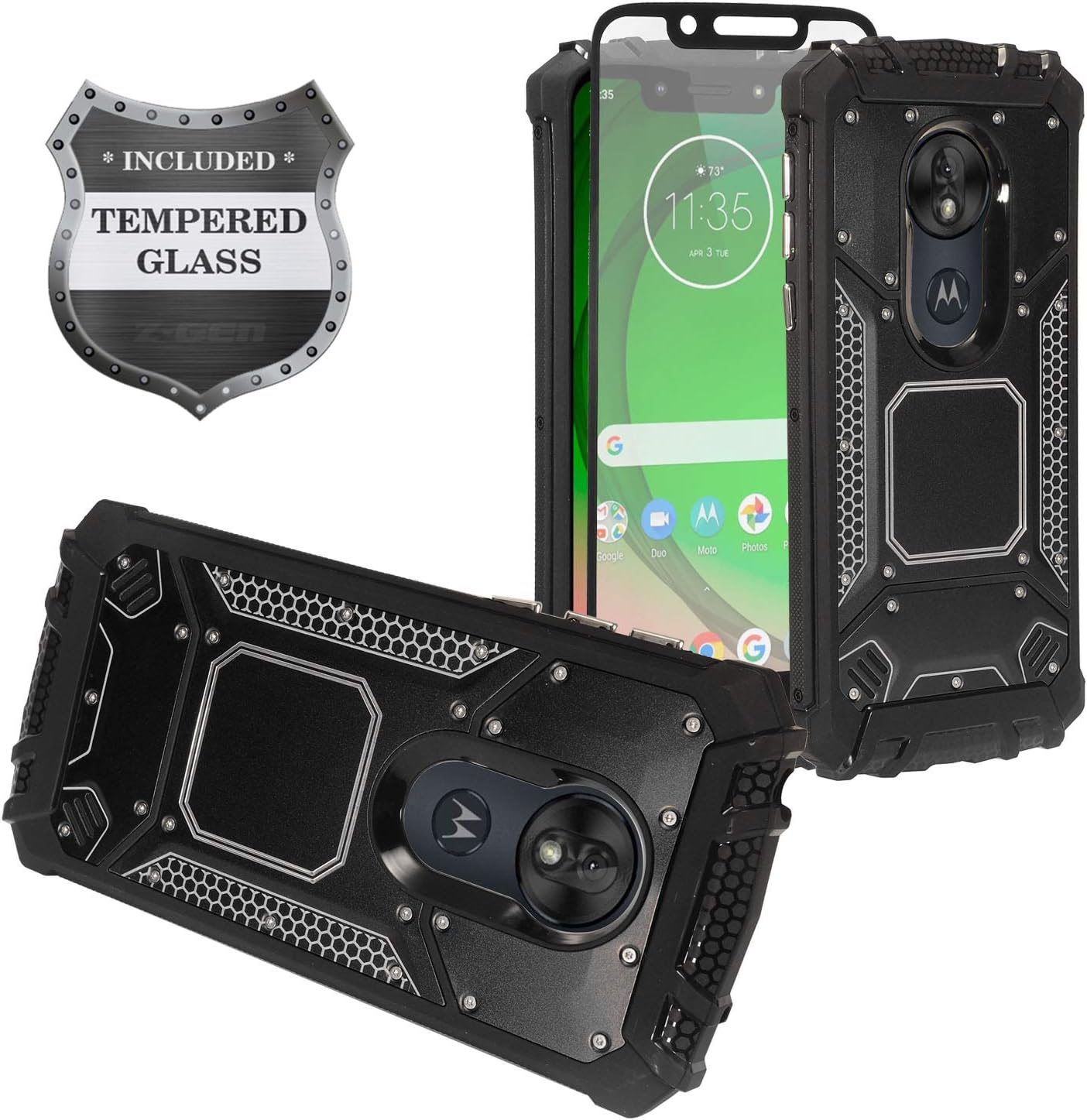Z-GEN - for T-Mobile REVVLRY, Motorola Moto G7 Play, G7 Optimo XT1952/DL - Aluminum Metal Hybrid Phone Case + Tempered Glass Screen Protector - ZY1 Black