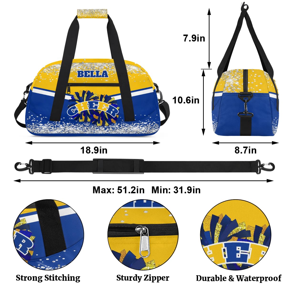 Personalized Cheer Bag Dance Bag for Girl, Custom Gym Bag Sport Duffel Bag, Weekender Bags Travel Duffel Bag Blue Gold Glam