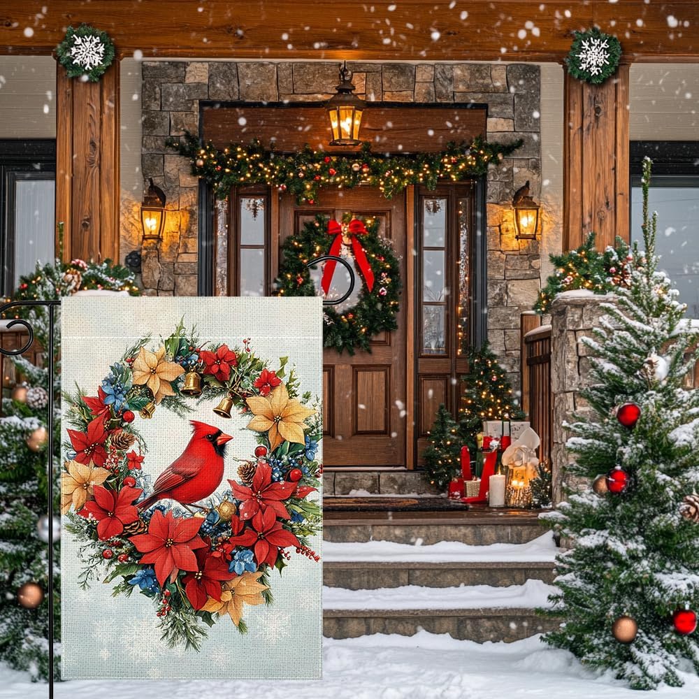 Winter Red Bird Flowers Garden Flag 12x18 Inch Double Sided Christmas Cardinal Colorful Floral Bell Yard Outdoor Flag House Holiday Outside Decoration - Image 2