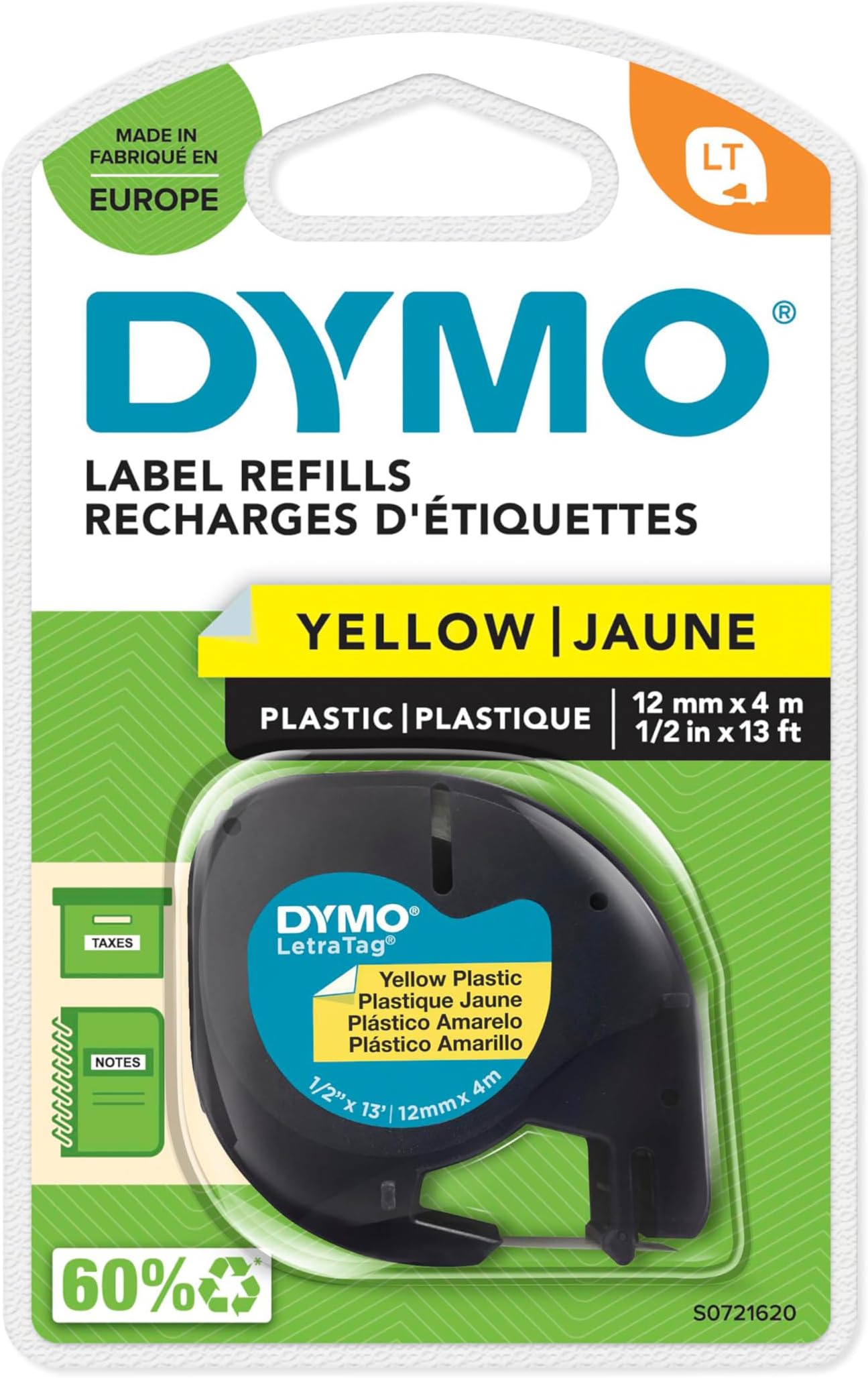 DYMO Branded LetraTag Plastic Labels | 12 mm x 4 m Roll | Black Print on Yellow | Multipurpose, Self-Adhesive Labels for LetraTag Label Makers