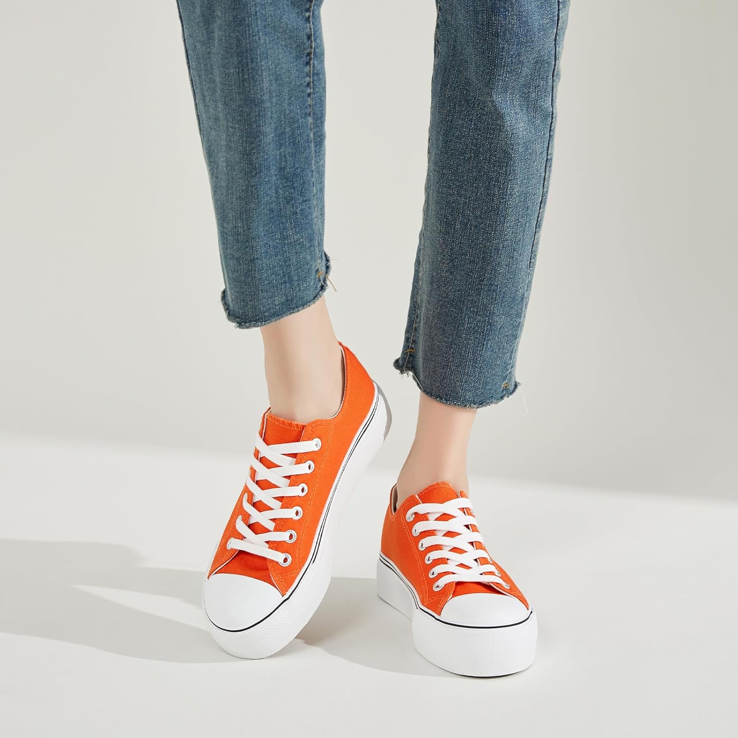 SERNIAL Womens White Platform Sneakers Low Top Platform Shoes Black Canvas Shoes for Women - Image 2