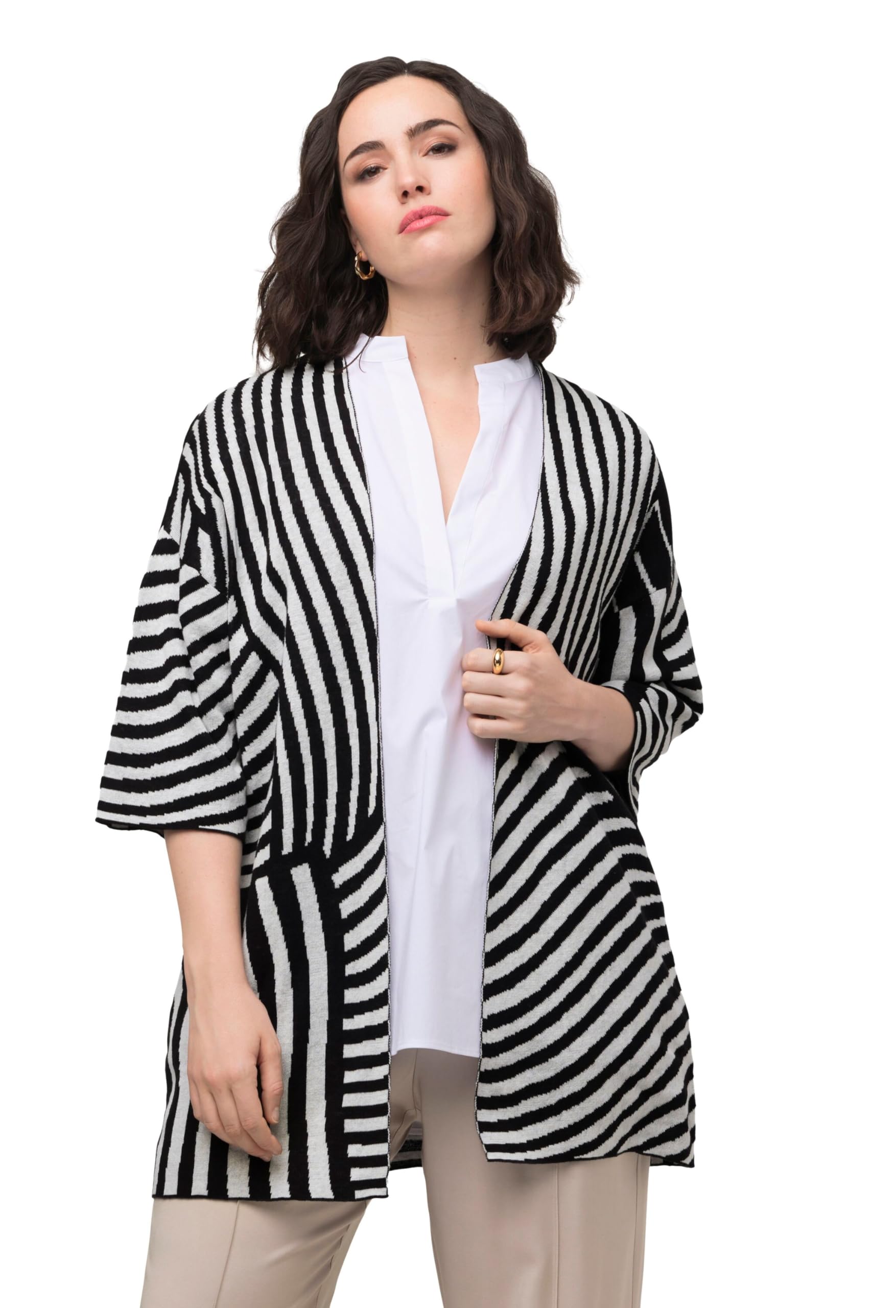 Ulla Popken Damen große Größen Übergrößen Plus Size Strickjacke, Jacquard-Feinstrick, Stehkragen, Halbarm 819727