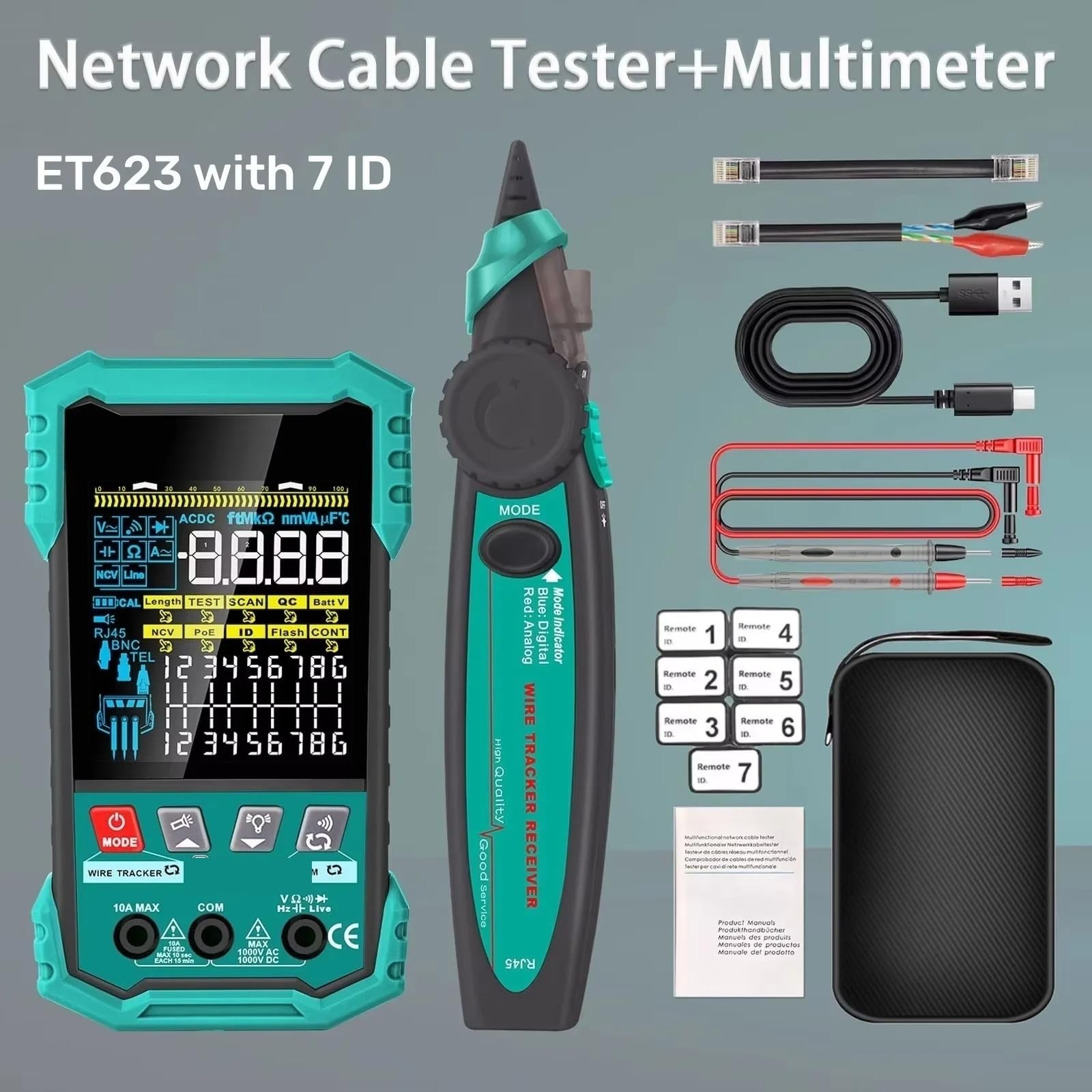 TOOLTOP 400M Tester for cavi di rete RJ45 BNC Test for 6000 conteggi Multimetro multifunzione 2 in 1 POE Tracker for(ET623 With 7 ID)