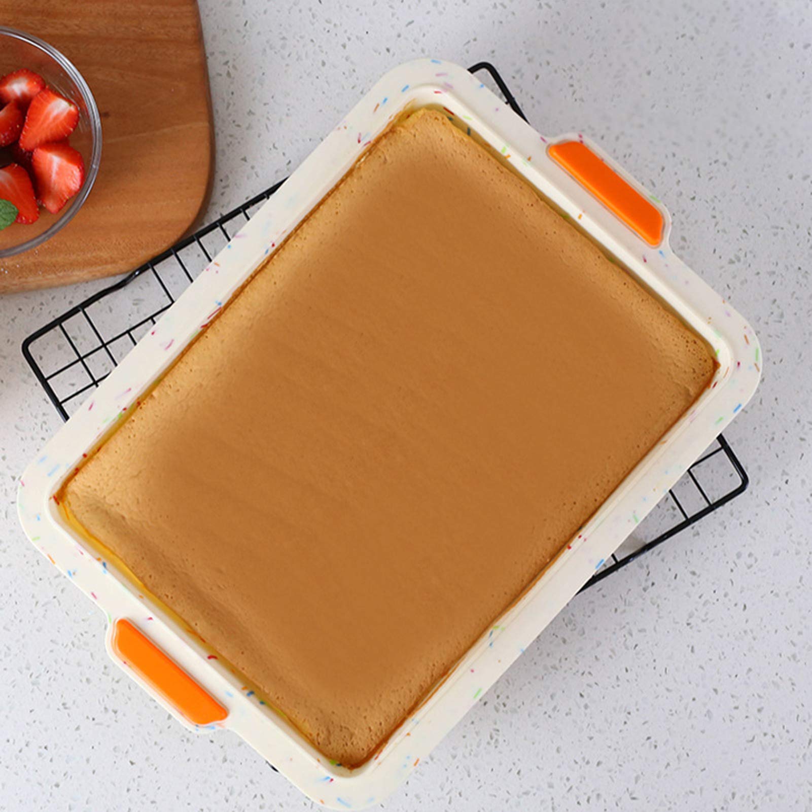 Tuzsocr Silicone Square Cake Pan,Square Baking Tray,Non Stick Brownie Tin with Silicone Handle Grips,for Brownie, Cake, Bread, Pie and Lasagna,Double-Color, Reusable Silicone(24 * 34.5 * 3cm) (White)