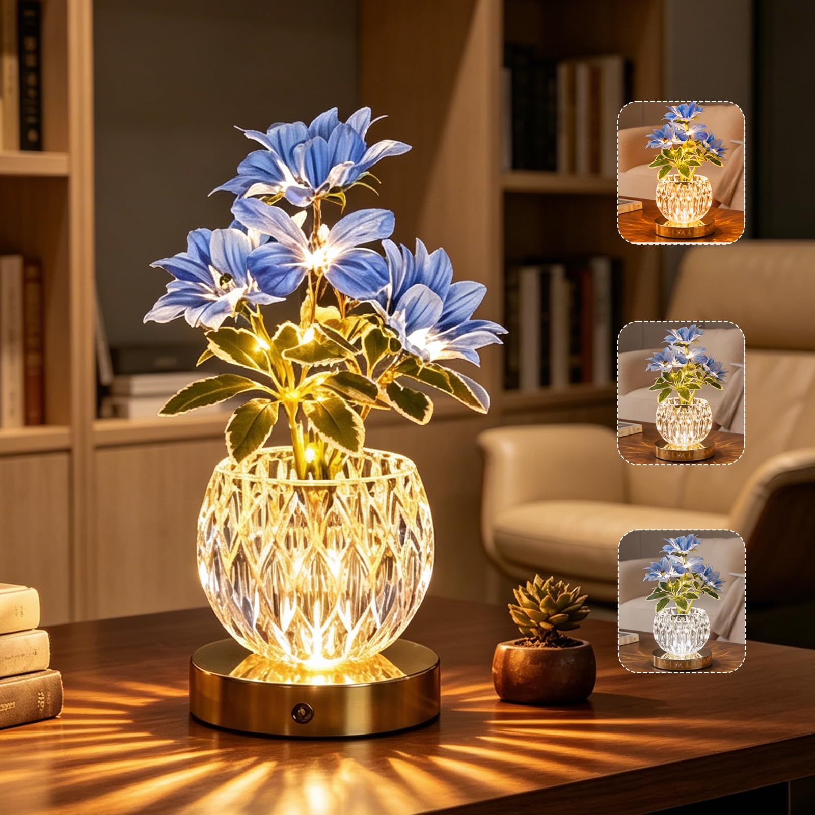 AVEKI Sunflower Table Lamp, 3 Color Dimmable Touch Crystal Vase Bedside Light, Rechargeable Artificial Flowers Desk Lamp Decor for Date Party Home, Romantic Gift for Woman Mom (Sunflower-Blue)