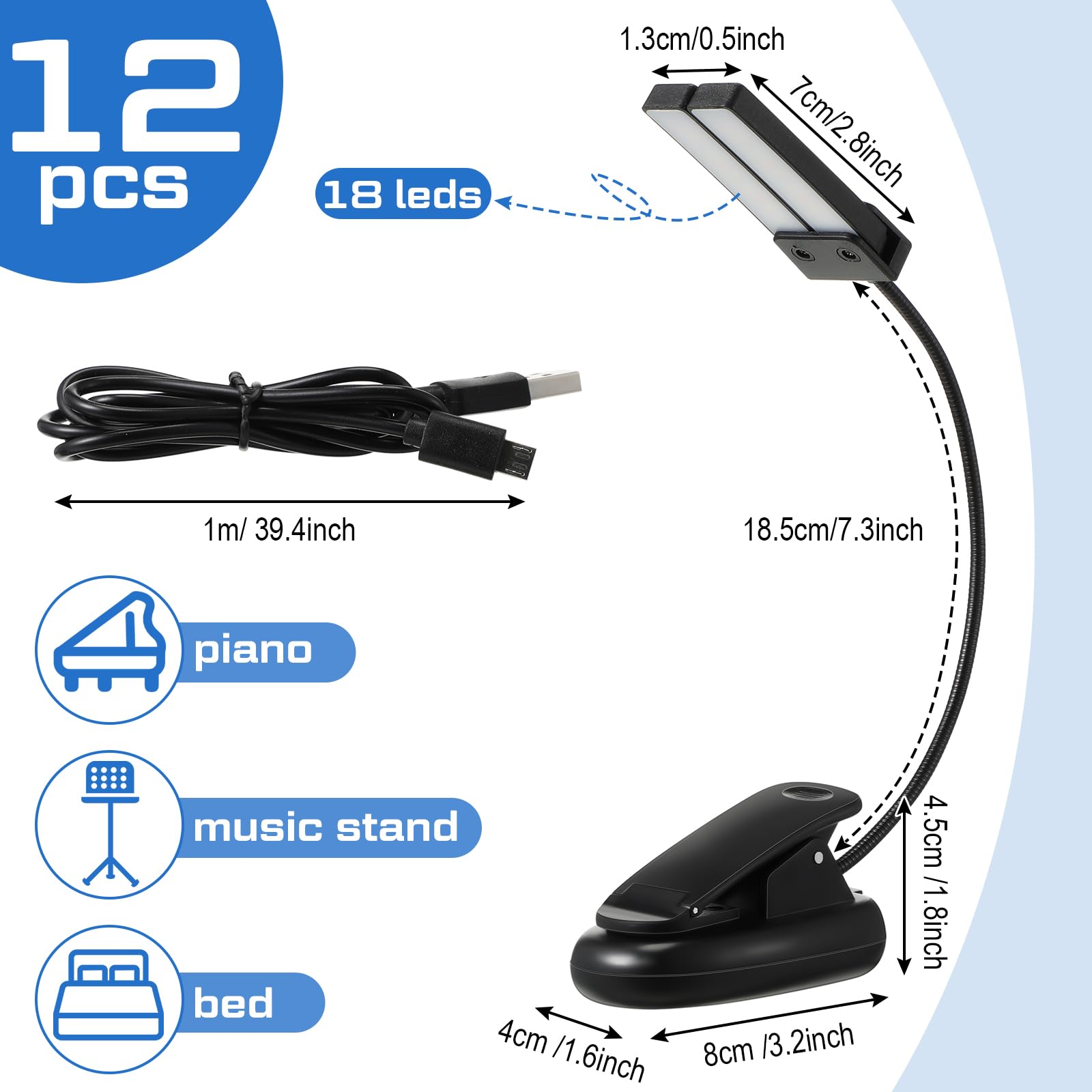 Retisee 12 Stück Notenständer-Leselicht mit zwei Köpfen, USB- und AAA-Batteriebetriebene LED-Lichter im Bett, 3 Helligkeitsstufen, ideal für Musiker, Klavierspieler, AAA-Batterie nicht im Lieferumfang
