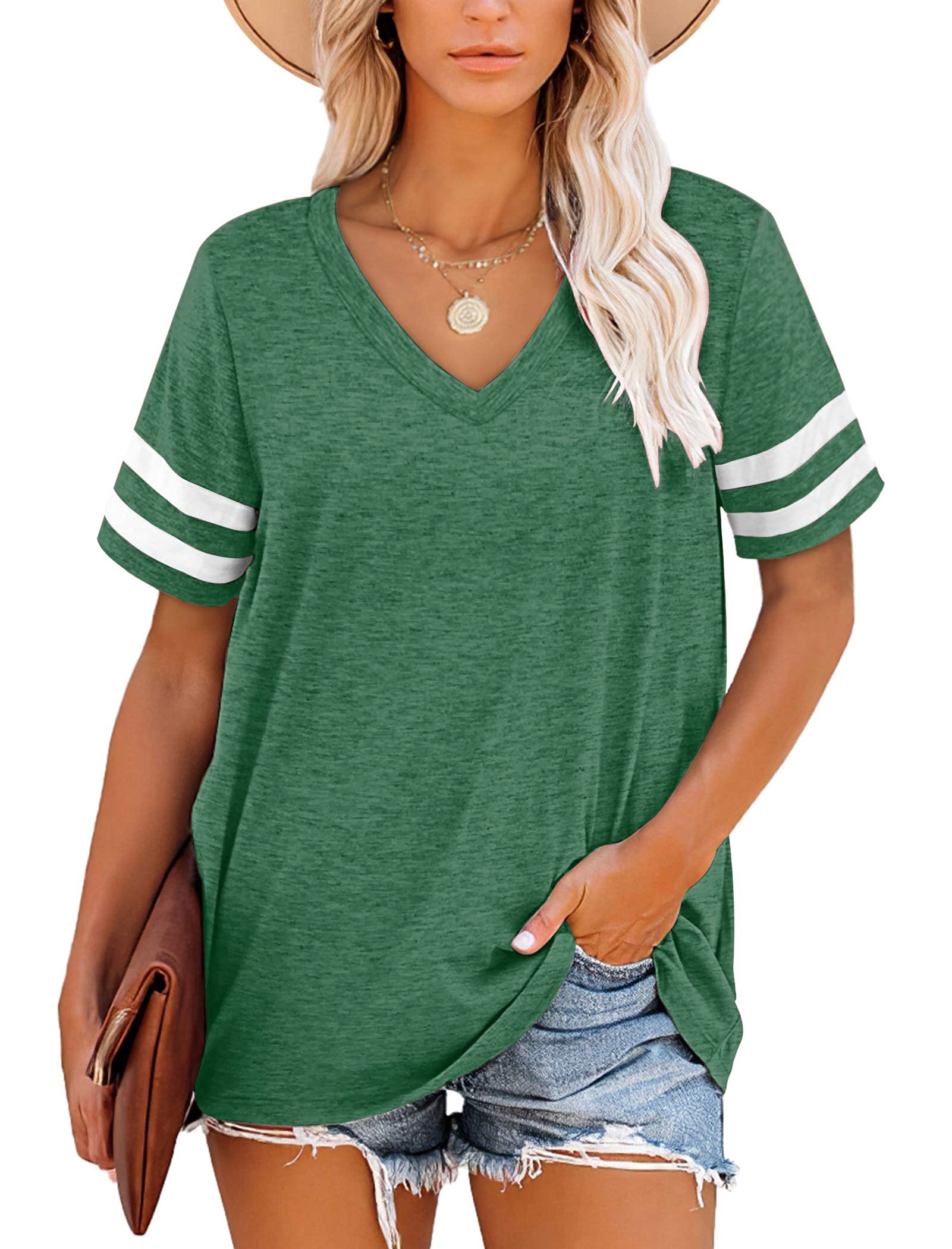 MOLERANI Women Tshirts Short Sleeve V Neck Striped Summer Tops Casual Loose Tee Green Size 6-8