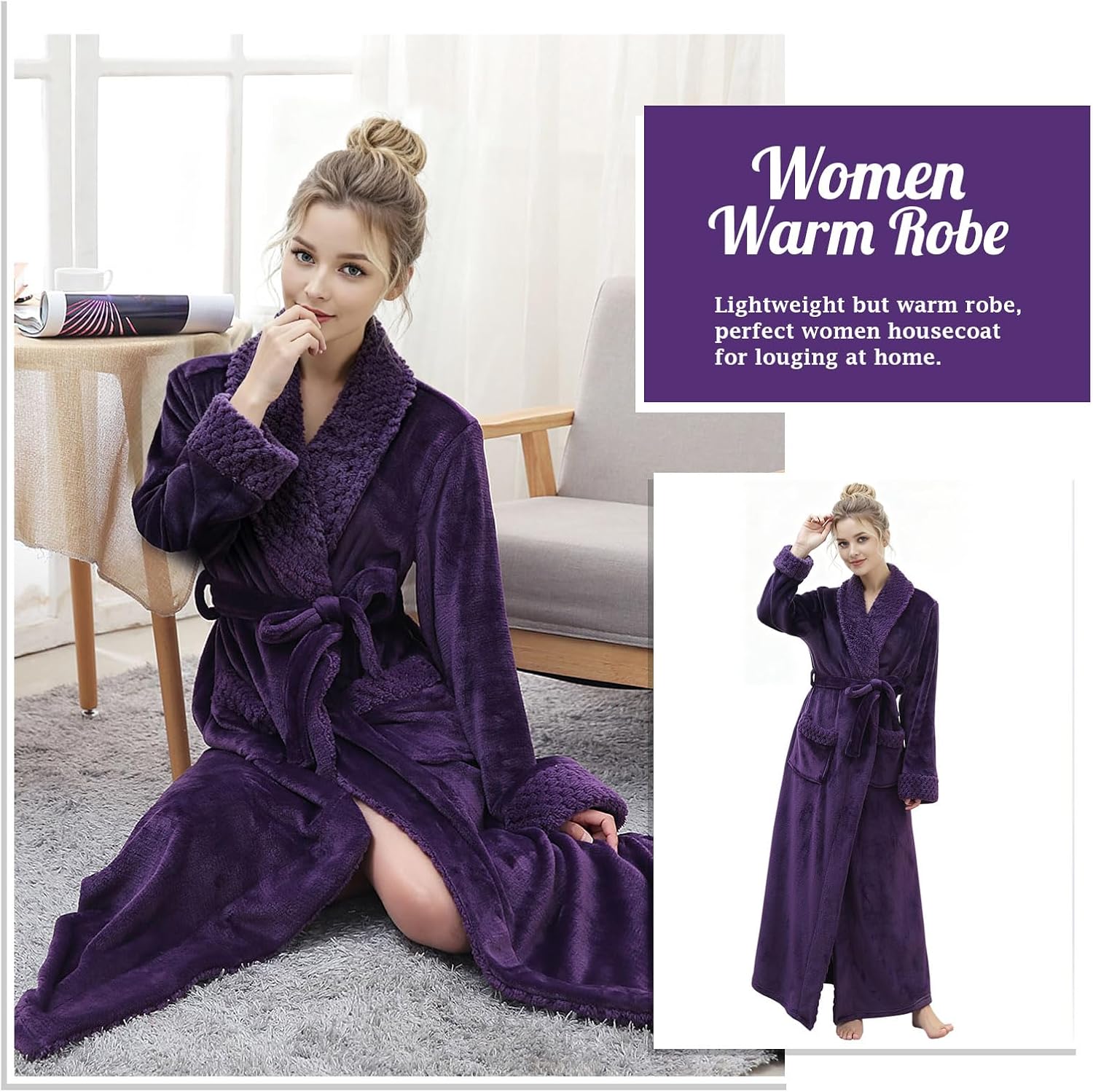 Hellomamma Long Bath Robe for Womens Plush Soft Fleece Bathrobes Nightgown Ladies Pajamas Sleepwear Housecoat - Image 4