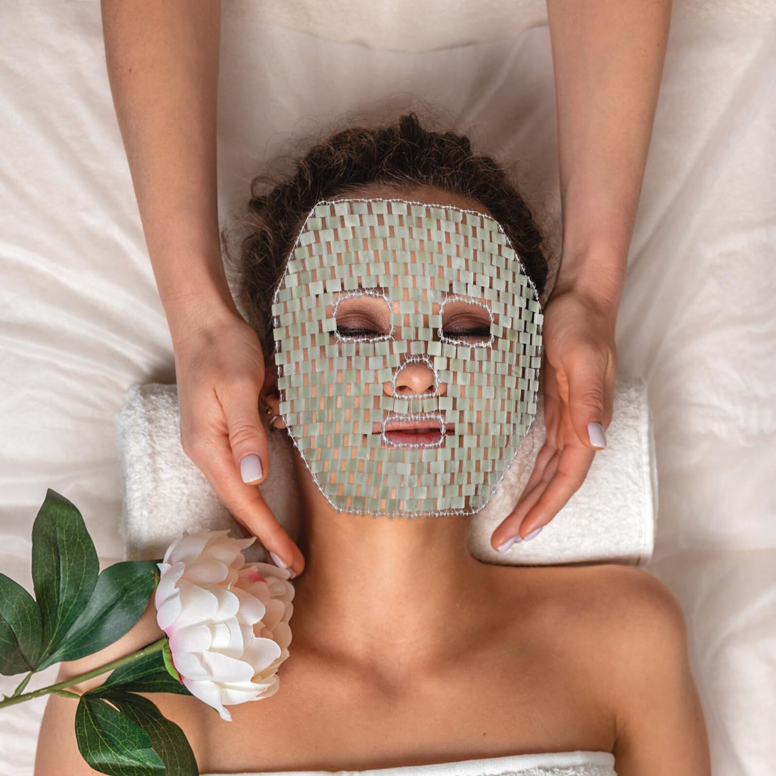 Jadestein Gesichtsmaske aus Jade für Hautpflege und Massage | Augenpartie als Separateinheit, Konturierte Passform, für Zuhause der Tasche
