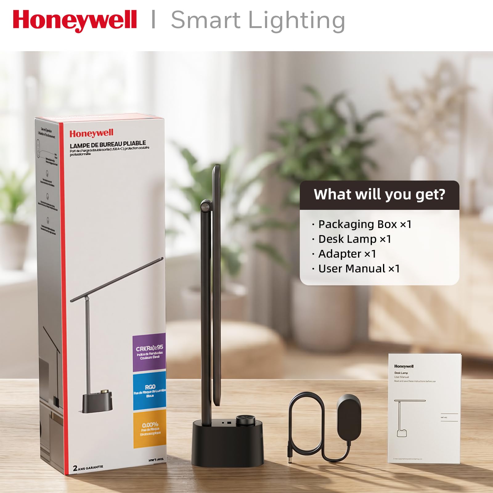 Honeywell Schreibtischlampe mit Ladestation USB A+C, Faltbar, CRI95,Dimmbar | Faltbare LED-Schreibtischlampe mit USB-C/A-Ladung, RG0, CRI95, stufenlose Dimmung 10-100%, 3 Farbtemp. (3000K-5000K).
