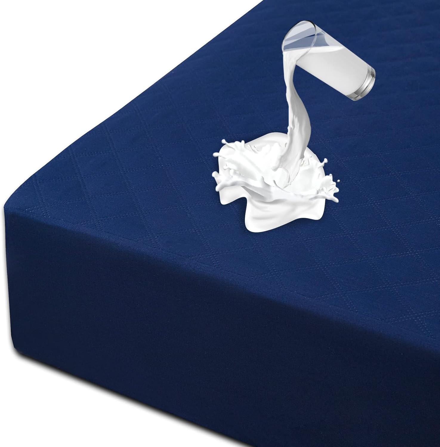 Mecerock Navy Blue King Size Waterproof Mattress Protector, Quilted Fitted Style, 18