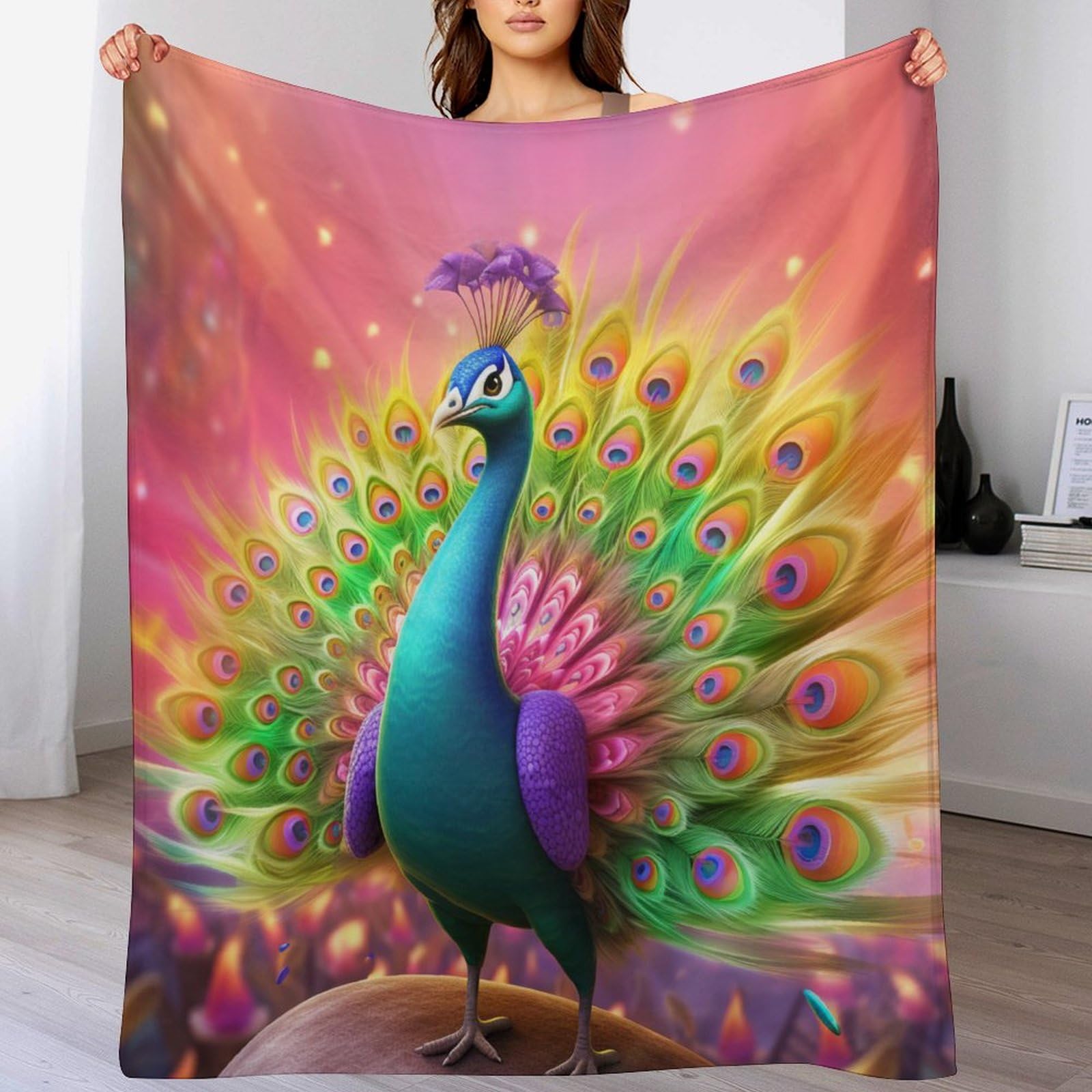 Couverture polaire en flannel paon 150x200cm pour canapé et lit